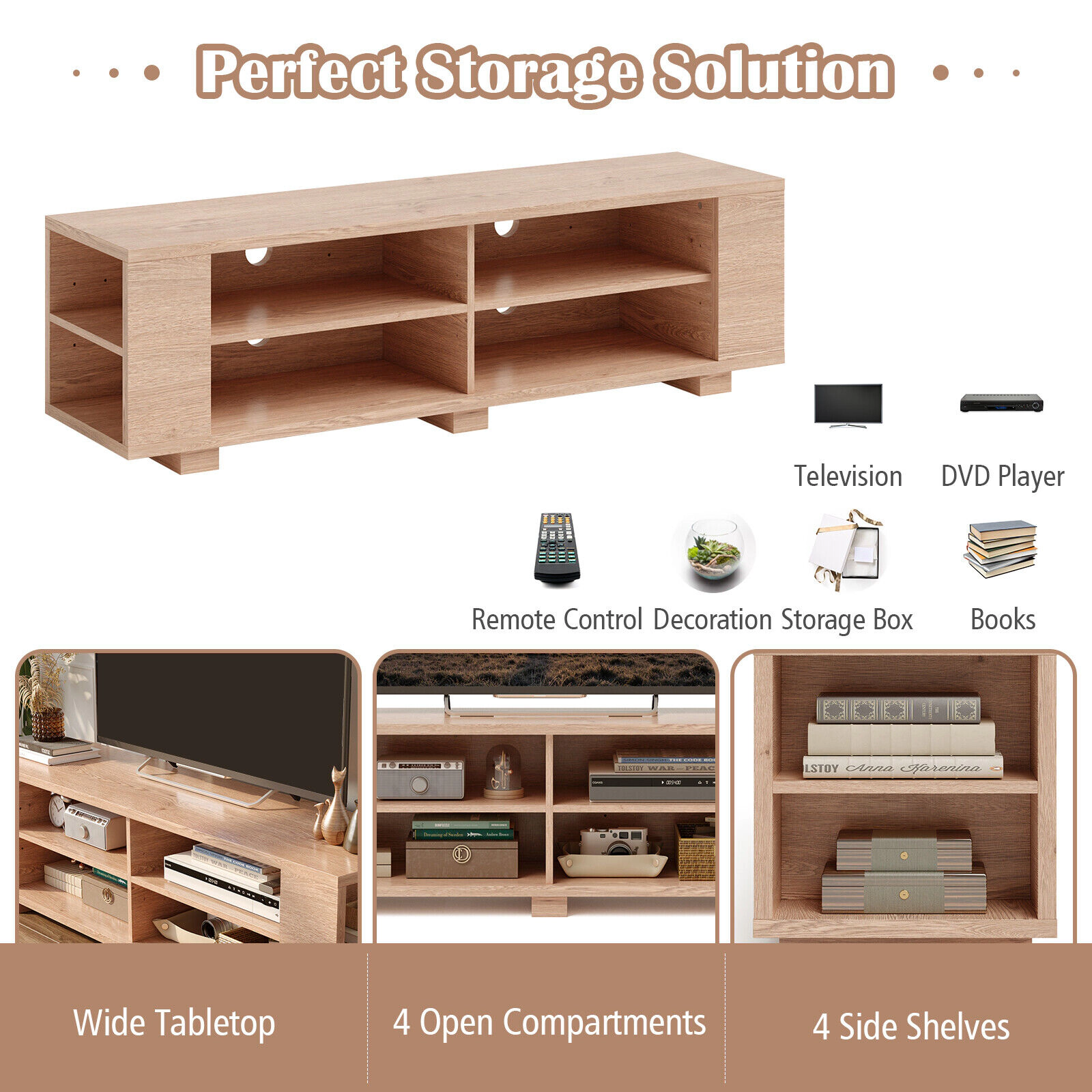 SUGIFT 59 in TV Stand Natural Wood Storage Console Entertainment Center for 65 in TVs
