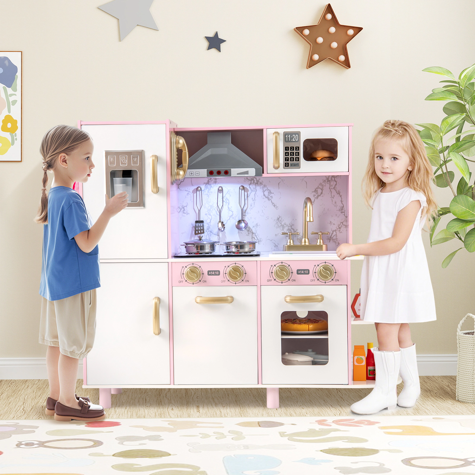 LJG Kids Wooden Kitchen Playset with Ice Maker and Sounds for Ages 3+