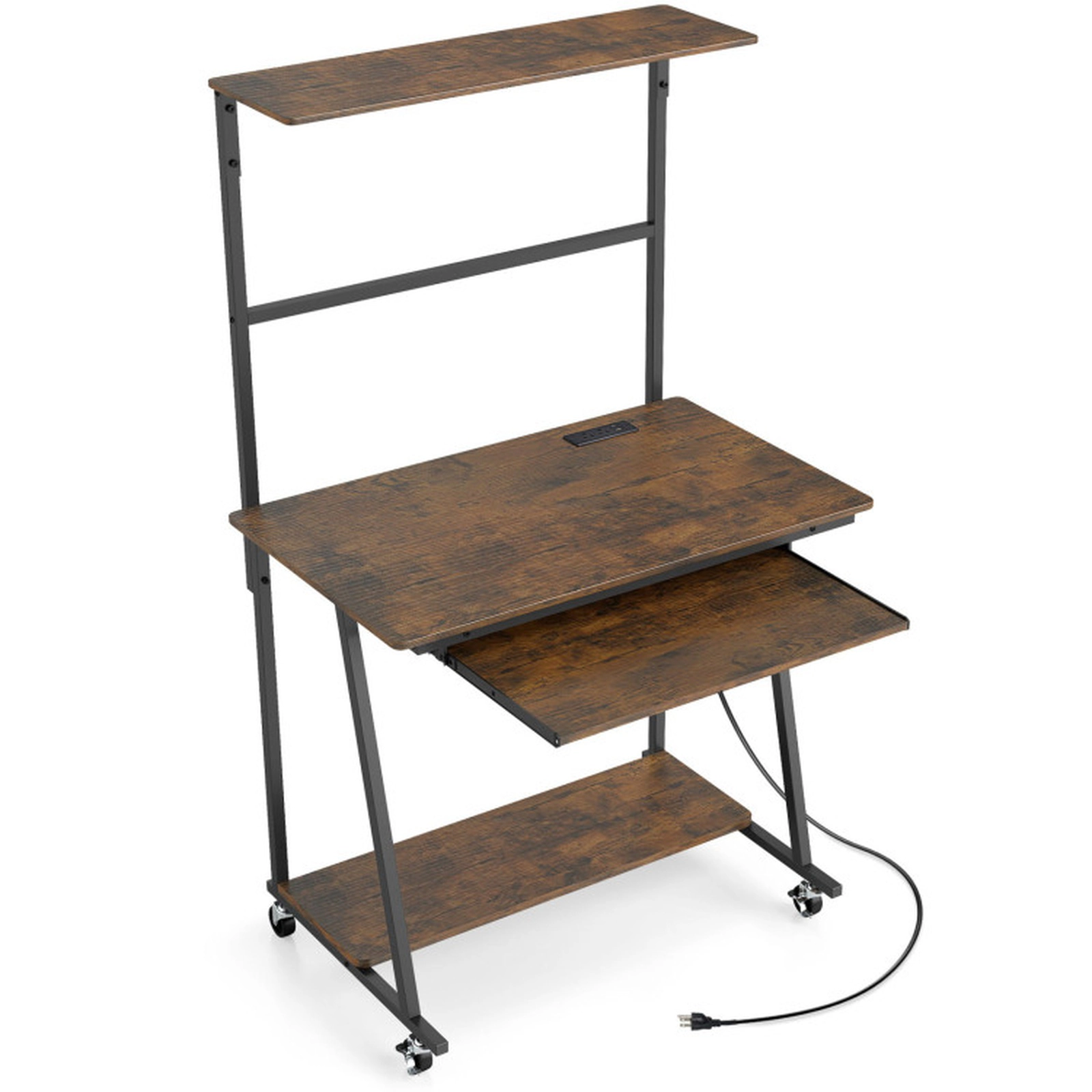SUGIFT 4-Tier Small Computer Desk with Charging Station, LED Lights and Locking Wheels 165-lb Capacity Rustic Brown