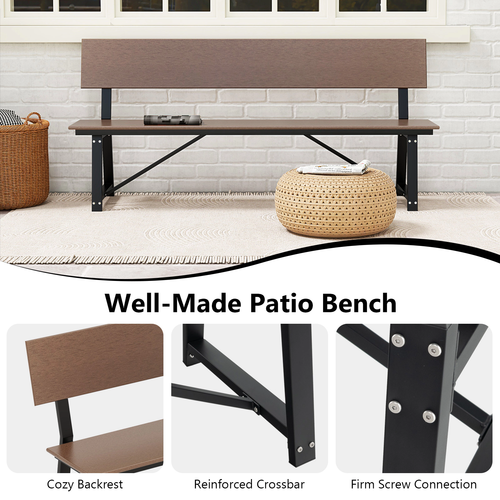 SUGIFT 72-in Extra Long Outdoor Garden Bench with Backrest 1100-lb Capacity Brown/Gray