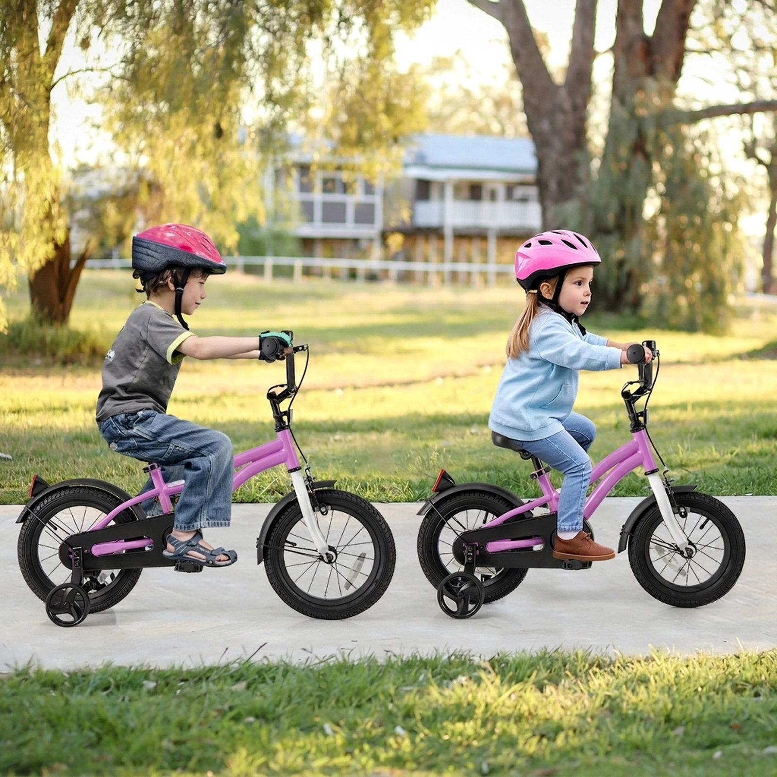 14-in Kids Bicycle Quick Release Seat Clamp Detachable Training Wheels Anti Puncture Tires Bell Ages 3-5 Purple