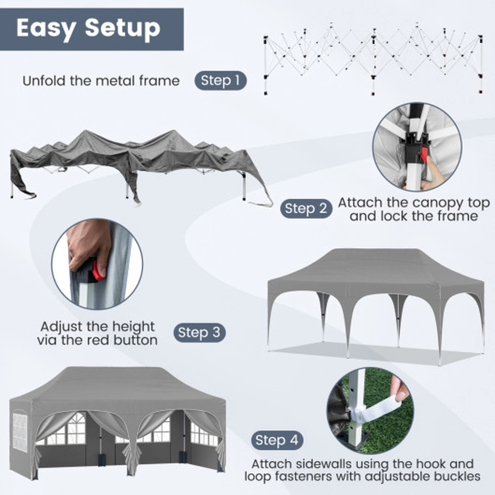 SUGIFT 10 x 20-ft Pop Up Patio Canopy Tent with 6 Removable Sidewalls and Church Windows 10.4-ft H Gray