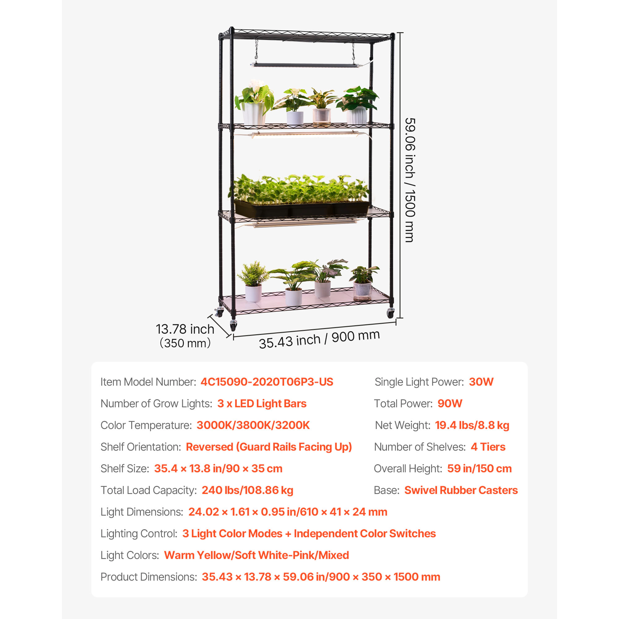 HONGGE Plant Shelf with Grow Light, Indoor Plant Stand, Tall Plants Display Rack with Wheels, Full Spectrum Grow Lights