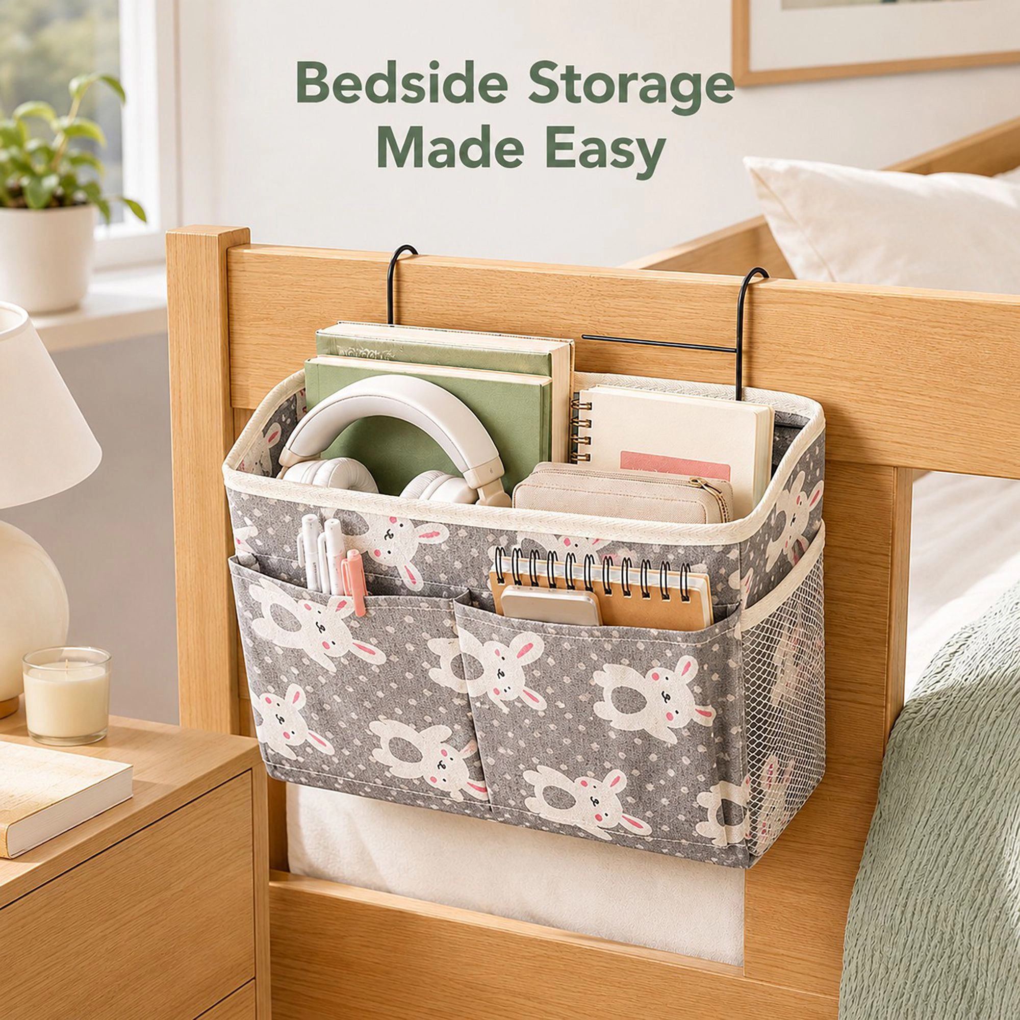 Alilang Hanging Bedside Storage Caddy Bunny Print Organizer with Hooks and Multiple Pockets