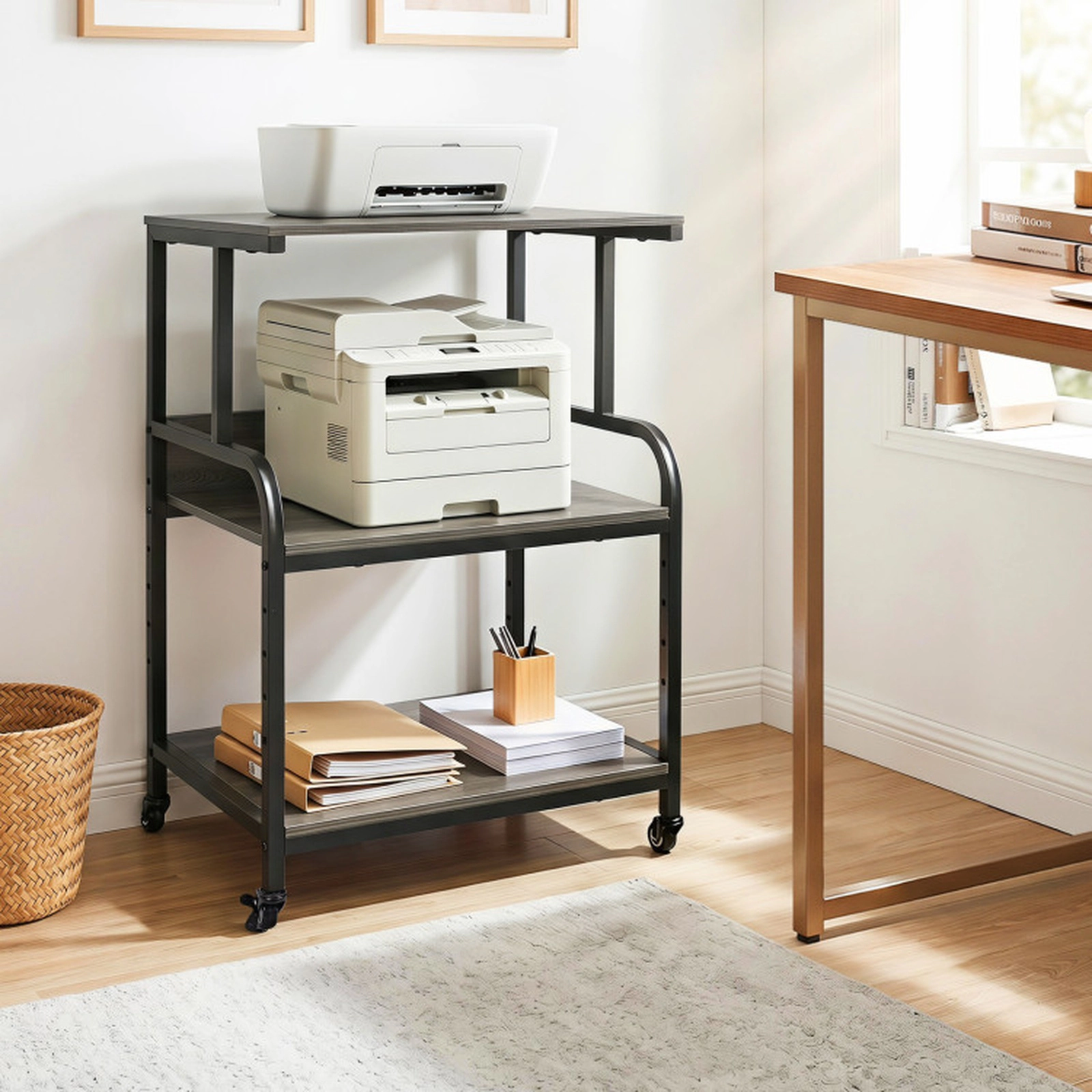 SUGIFT 3-Tier Rolling Printer Stand 5-Height Adjustable Shelf Lockable Wheels 44-lb per Tier 30.5-in Tall Oak & Black