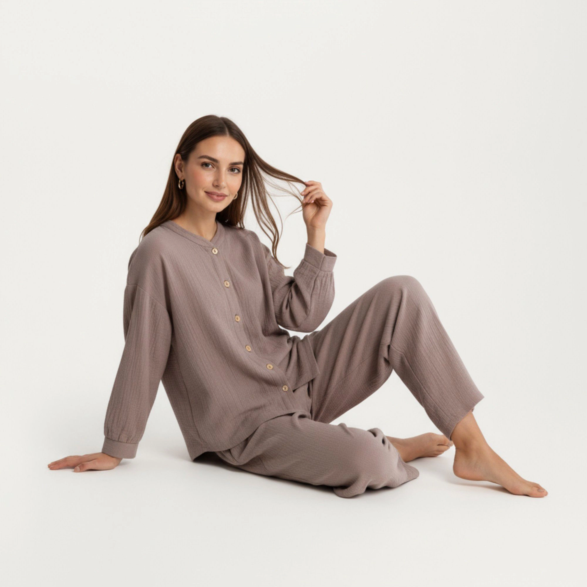 Anna-Kaci Women's 2-Piece Textured Button Front Long Sleeve Top and Relaxed Fit Pants