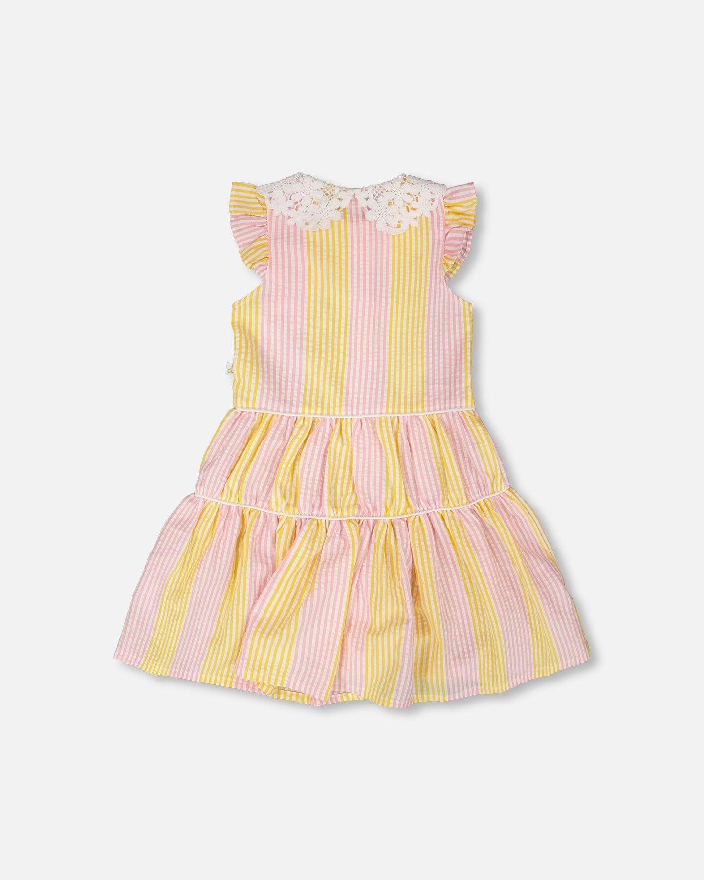 Deux par Girls Striped Crochet Peter Pan Collar Button Front Tiered Dress