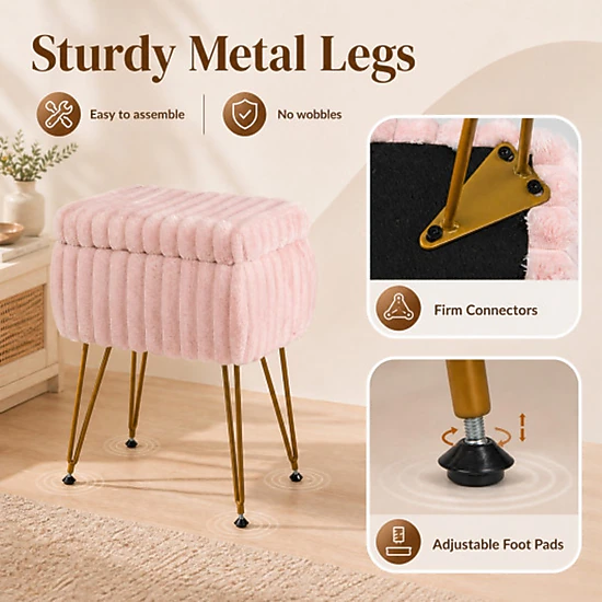SUGIFT Pink Faux Fur Vanity Stool Storage Ottoman, Reversible Lid ...
