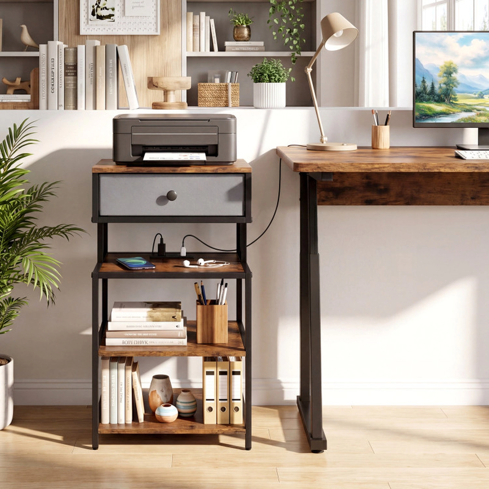 SUGIFT Charging Nightstand with Fabric Drawer and Open Shelves 16-in W 12-in D 28-in H in Rustic Brown