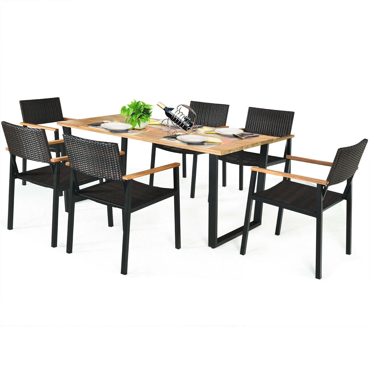 LJG Patented 7 Pieces Outdoor Dining Set with Large Acacia Wood Table Top