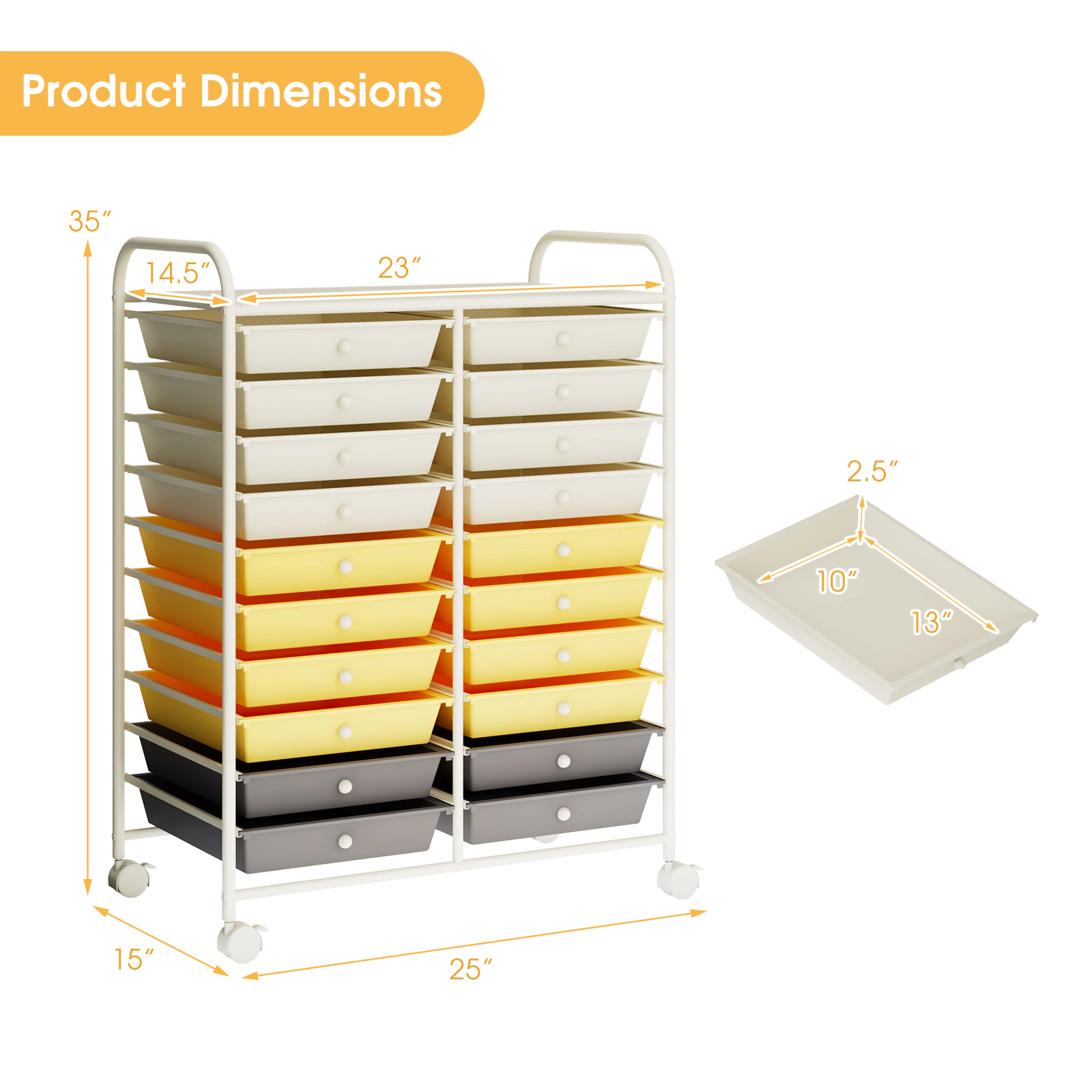 SUGIFT Yellow 20-Drawer Rolling Utility Cart Studio Storage Organizer with 4 Swivel Casters and Steel Frame