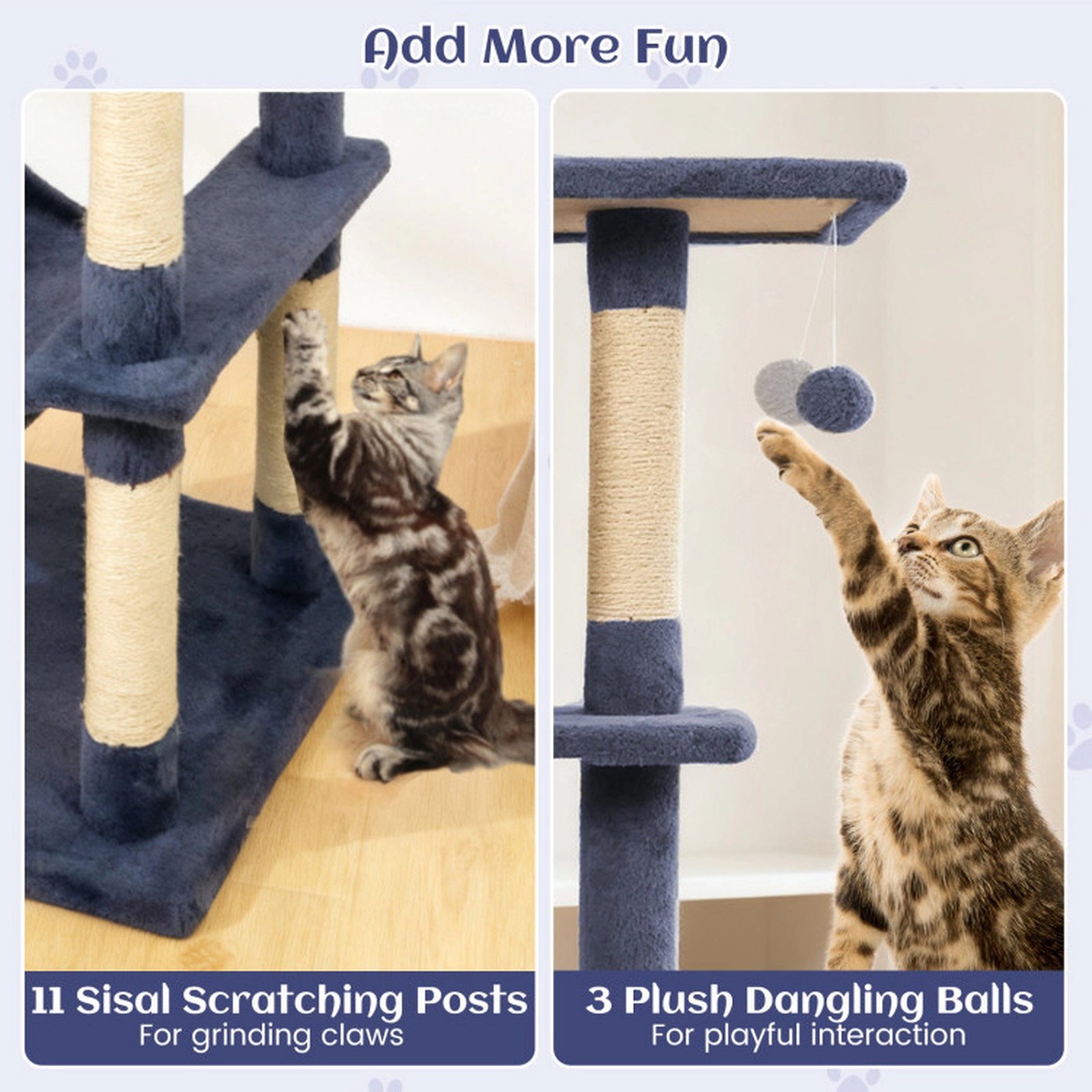 SUGIFT 80-in Tall Multi-Level Cat Tree 2 Large Condos, Hammock, Basket & Dangling Toys 33-lb Capacity per Layer Dark
