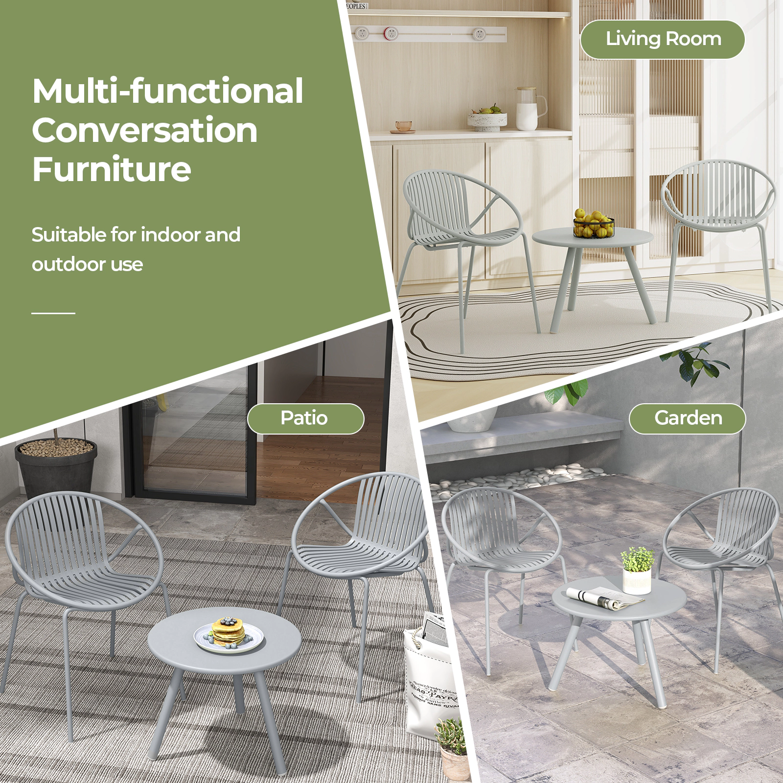 Hivvago All Weather PP Patio Conversation Set with Round Coffee table and 2 Chairs