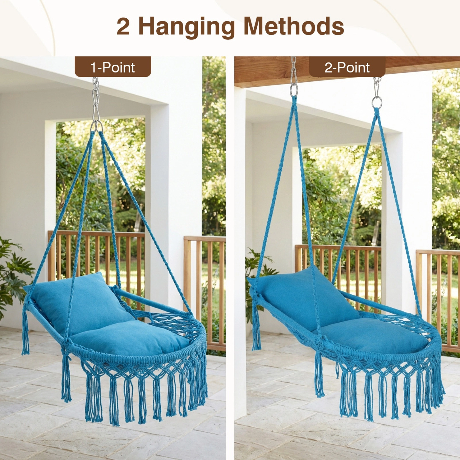 SUGIFT Macrame Swing Hammock Chair Metal Frame 330-lb Capacity 2 Removable Cushions 39-in Wide Beige Black Gray Blue