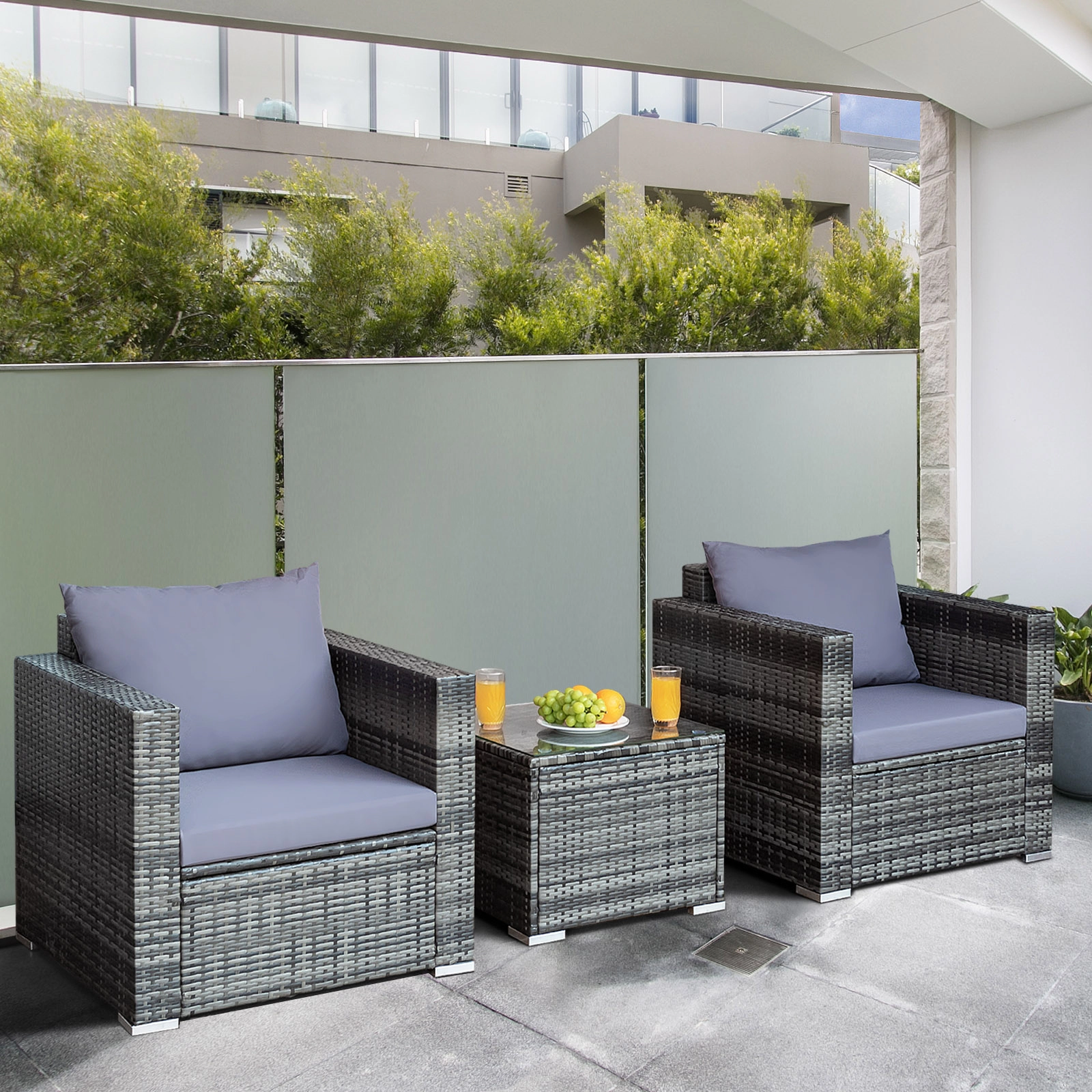SUGIFT 3 Piece Patio Rattan Bistro Set with Cushions and Tempered Glass Table