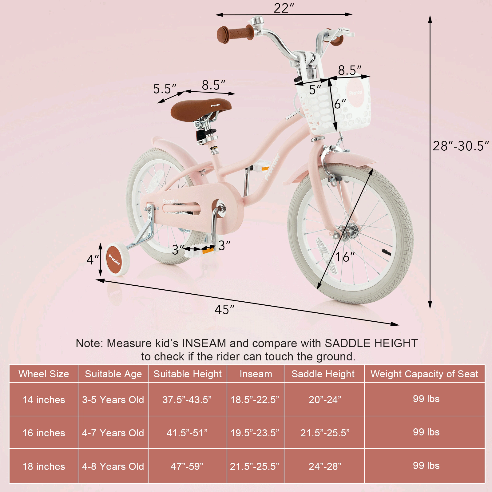 SUGIFT 16-In Kids Bike with Front Handbrake Coaster Brake Training Wheels 99-lb Seat Capacity Ages 4-7 Pink