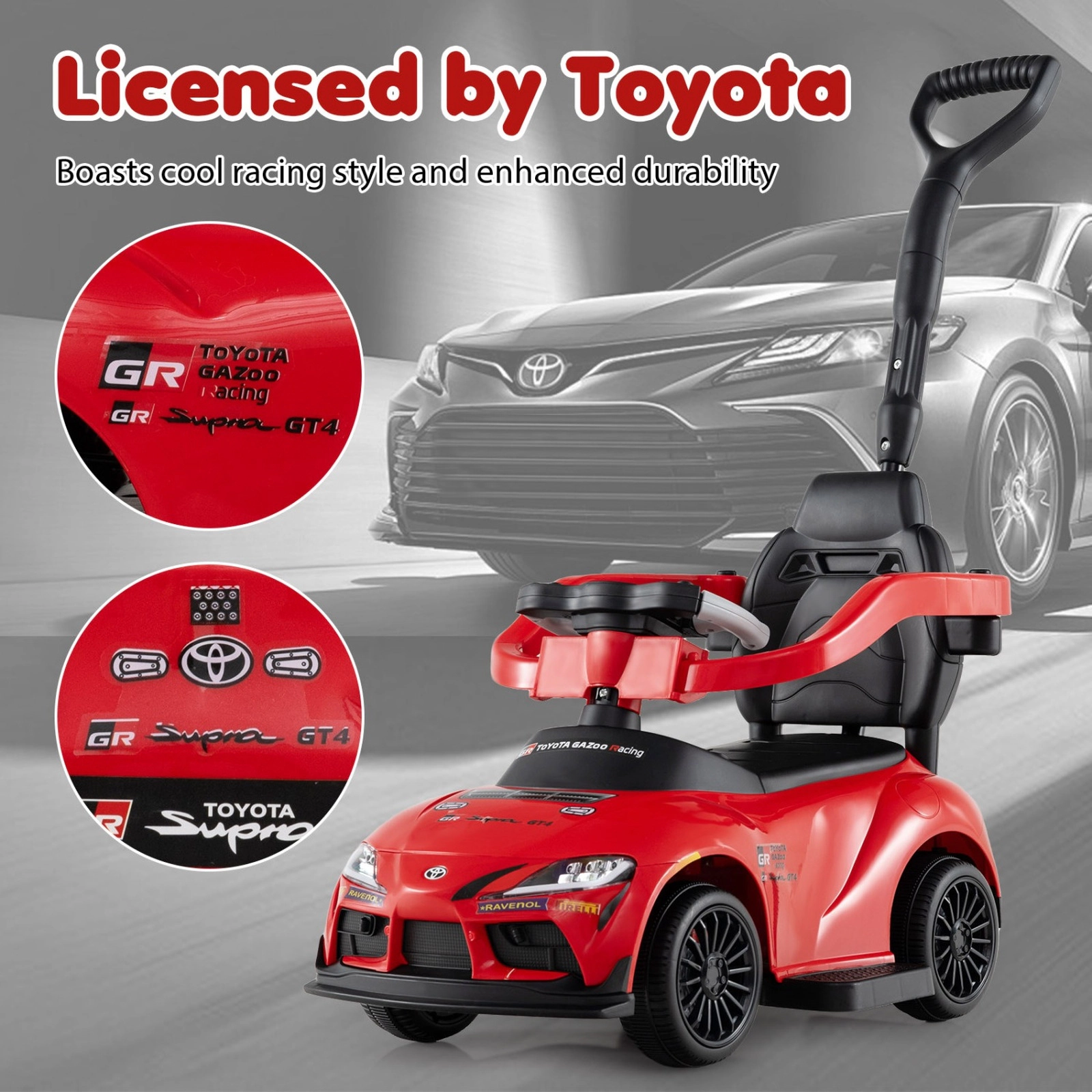 SUGIFT Red Toddler 3-in-1 Ride-On Push Car with Licensed Toyota Body Sliding and Walking Modes 44-lb Rider