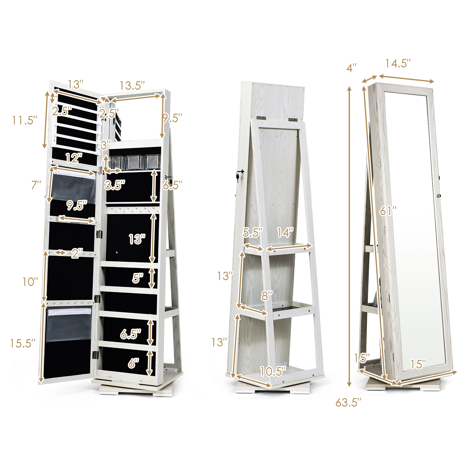 SUGIFT White 360-Degree Rotating Jewelry Cabinet with 100 Earring Slots 30 Hooks and Full-Length Mirror