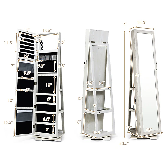 SUGIFT White 360-Degree Rotating Jewelry Cabinet with 100 Earring Slots 30 Hooks and Full-Length Mirror