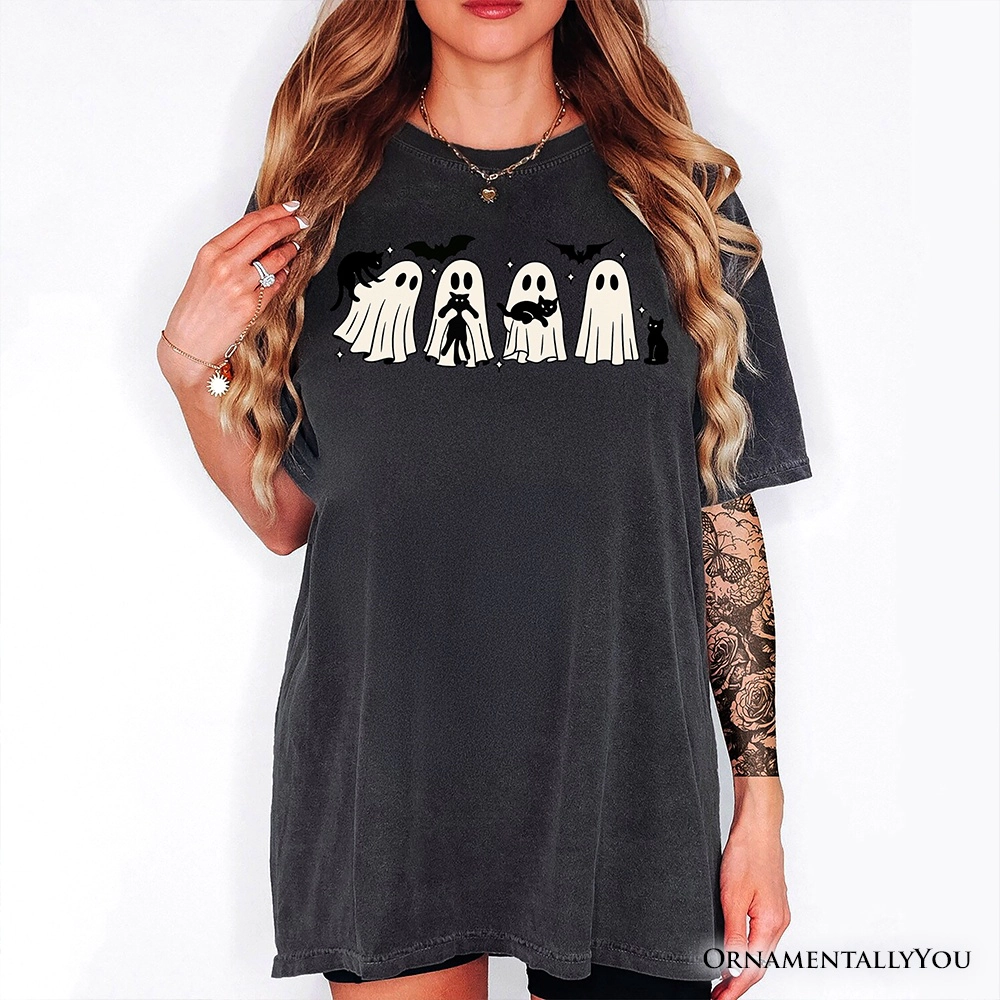 Ghosts and Cats Spooky T-Shirt, Whimsical Halloween Tee for Cozy Autumn Season