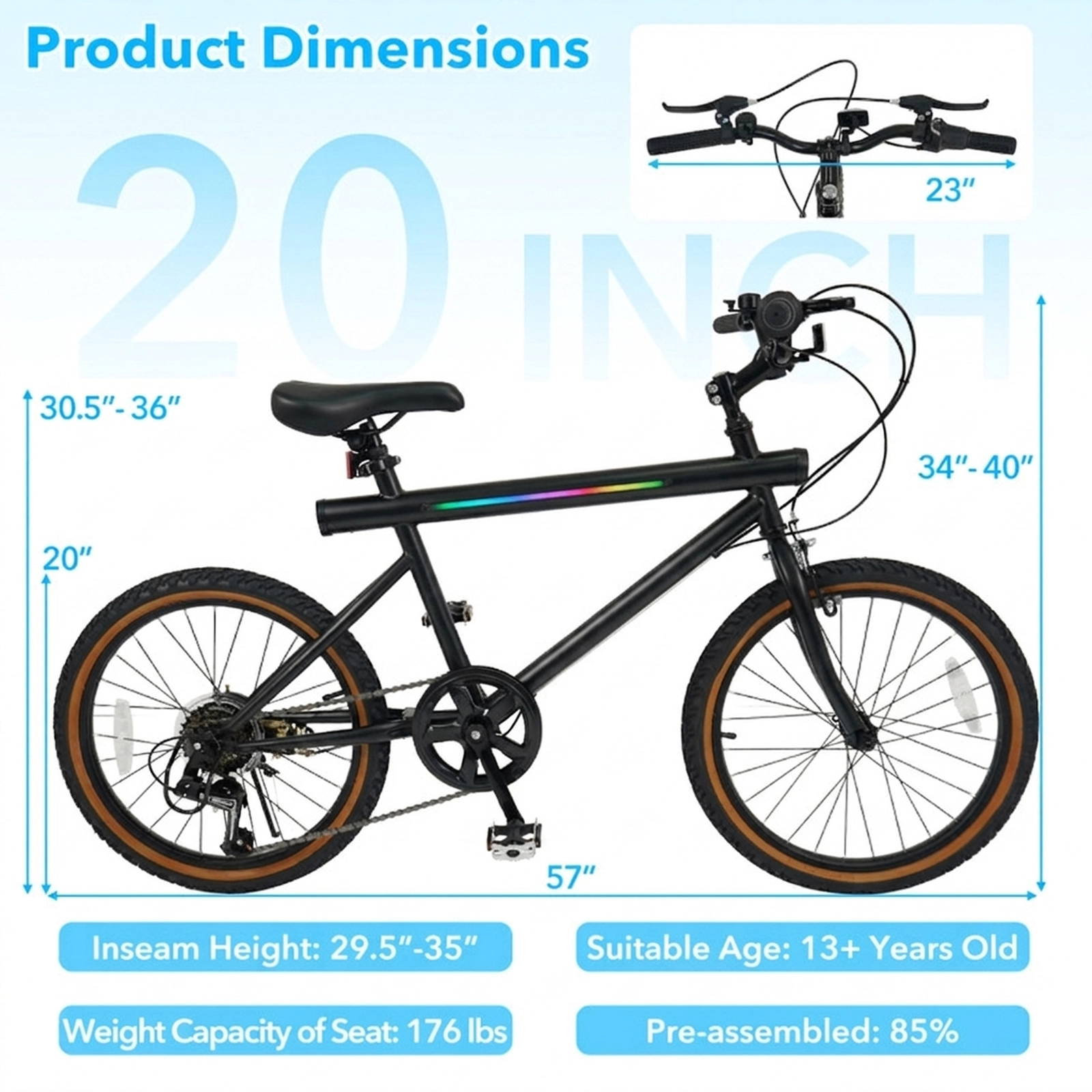 SUGIFT Black LED Frame Lights 2 Speakers and 6 Speed Shimano Derailleur 20 Inch Cycling Bike