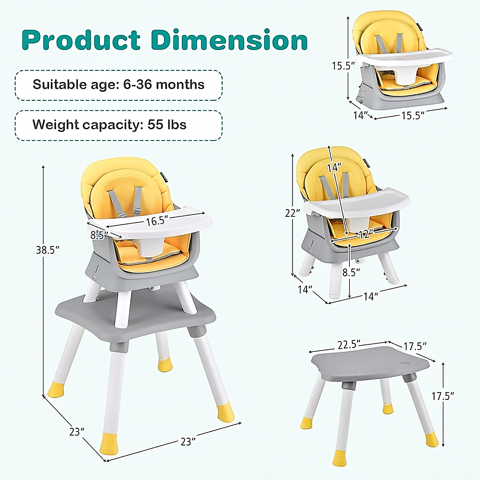 SUGIFT 6-in-1 Convertible Baby High Chair with Adjustable Removable Tray 55-lb Capacity Ages 6-36 Months Yellow