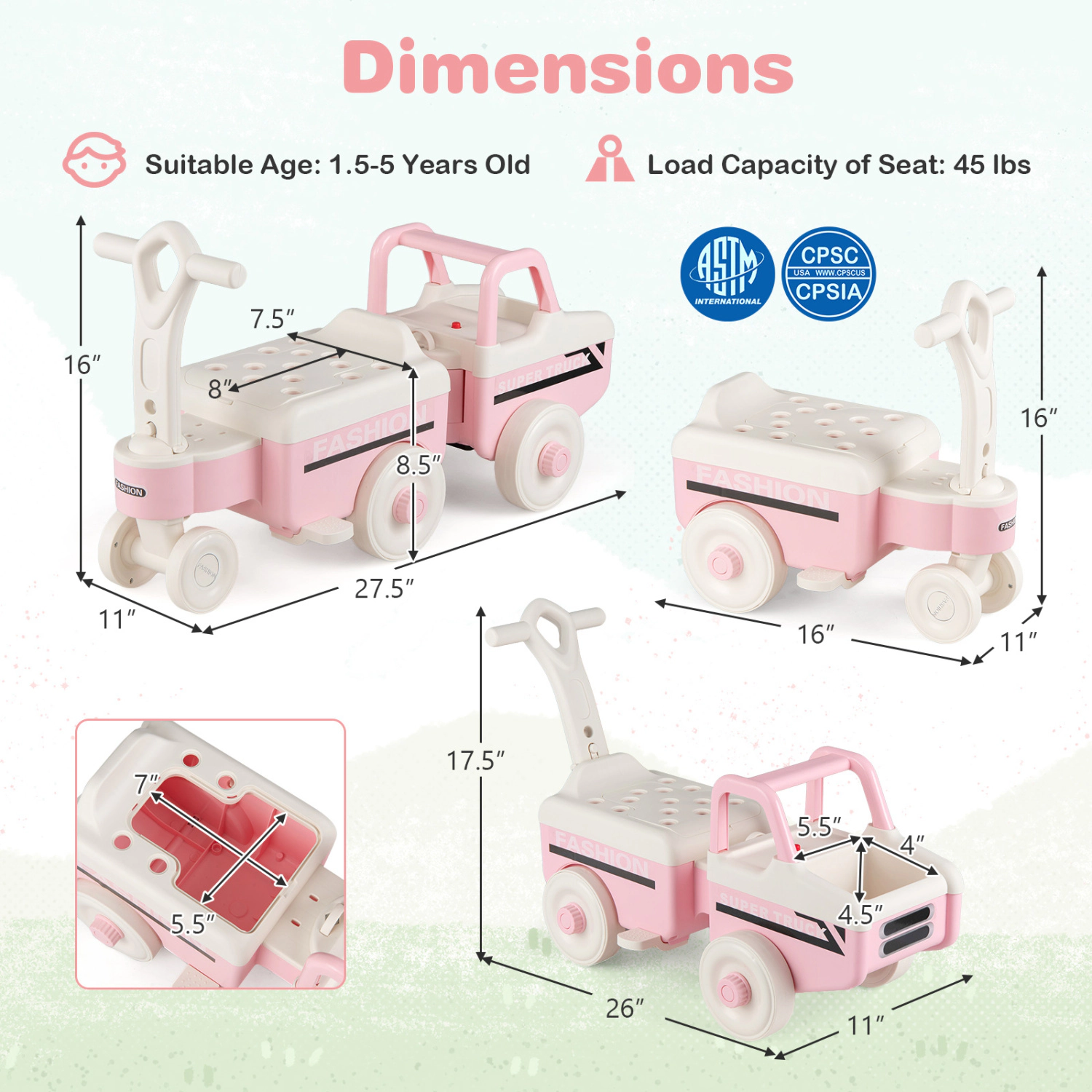 SUGIFT Pink Trailer Music and Under Seat Storage Kids 4 in 1 Ride On Push Car Walker