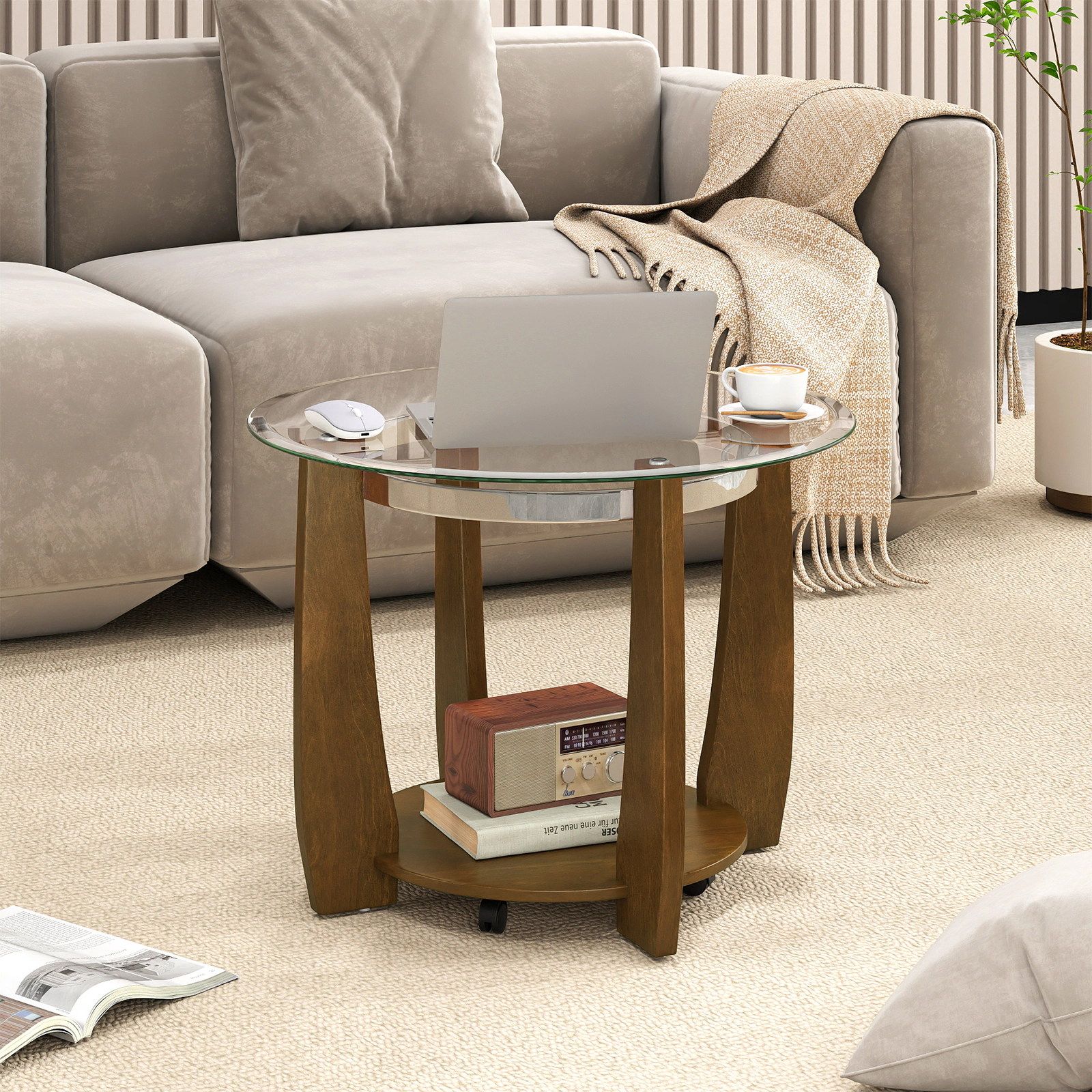 SUGIFT 2-Tier Round Coffee Table with Storage Shelf 300-lb Tabletop Capacity 180-lb Shelf Capacity Transparent & Walnut