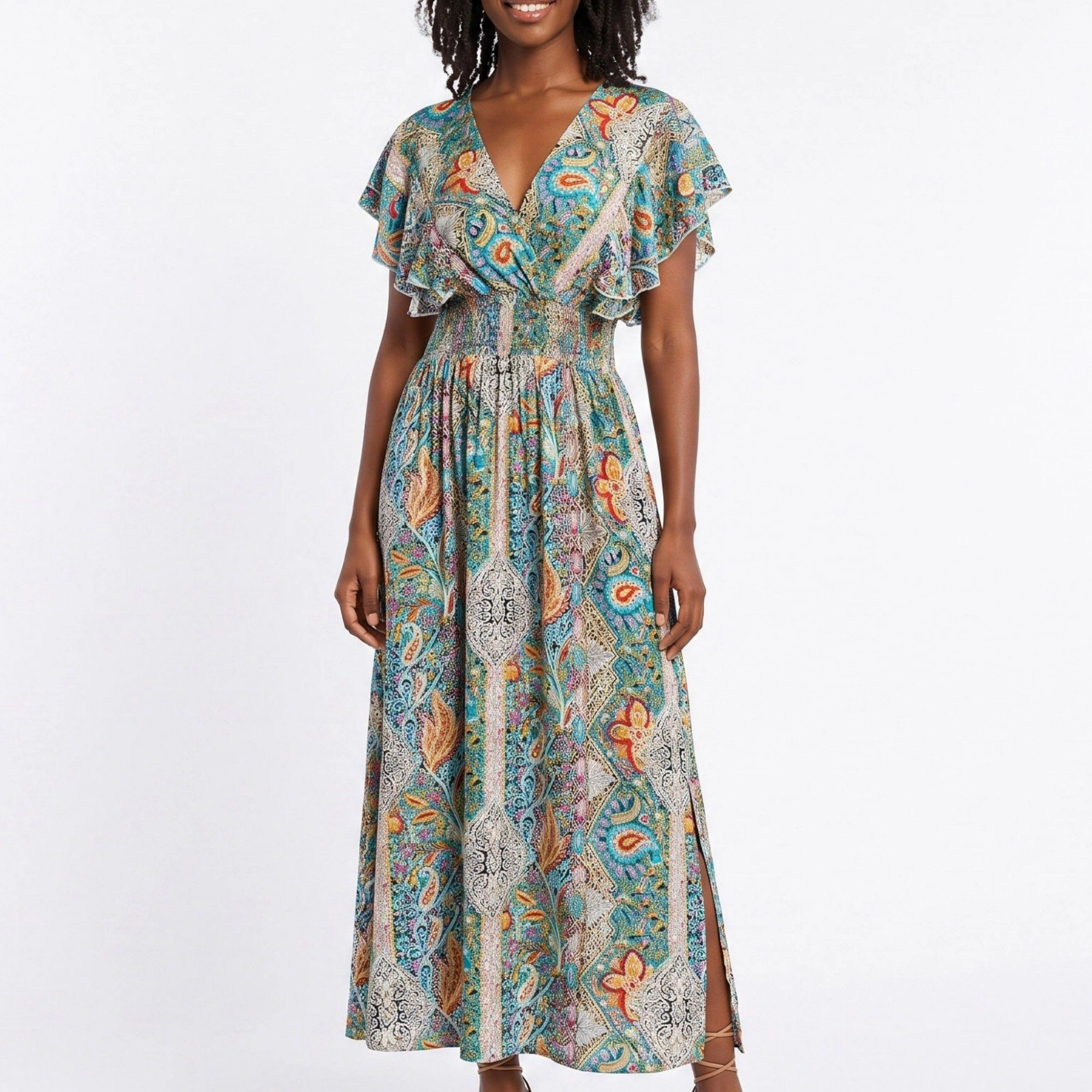 Anna-Kaci Women's Paisley Print V-Neck Flutter Sleeves Smocked Waist Side Slit Maxi Dress