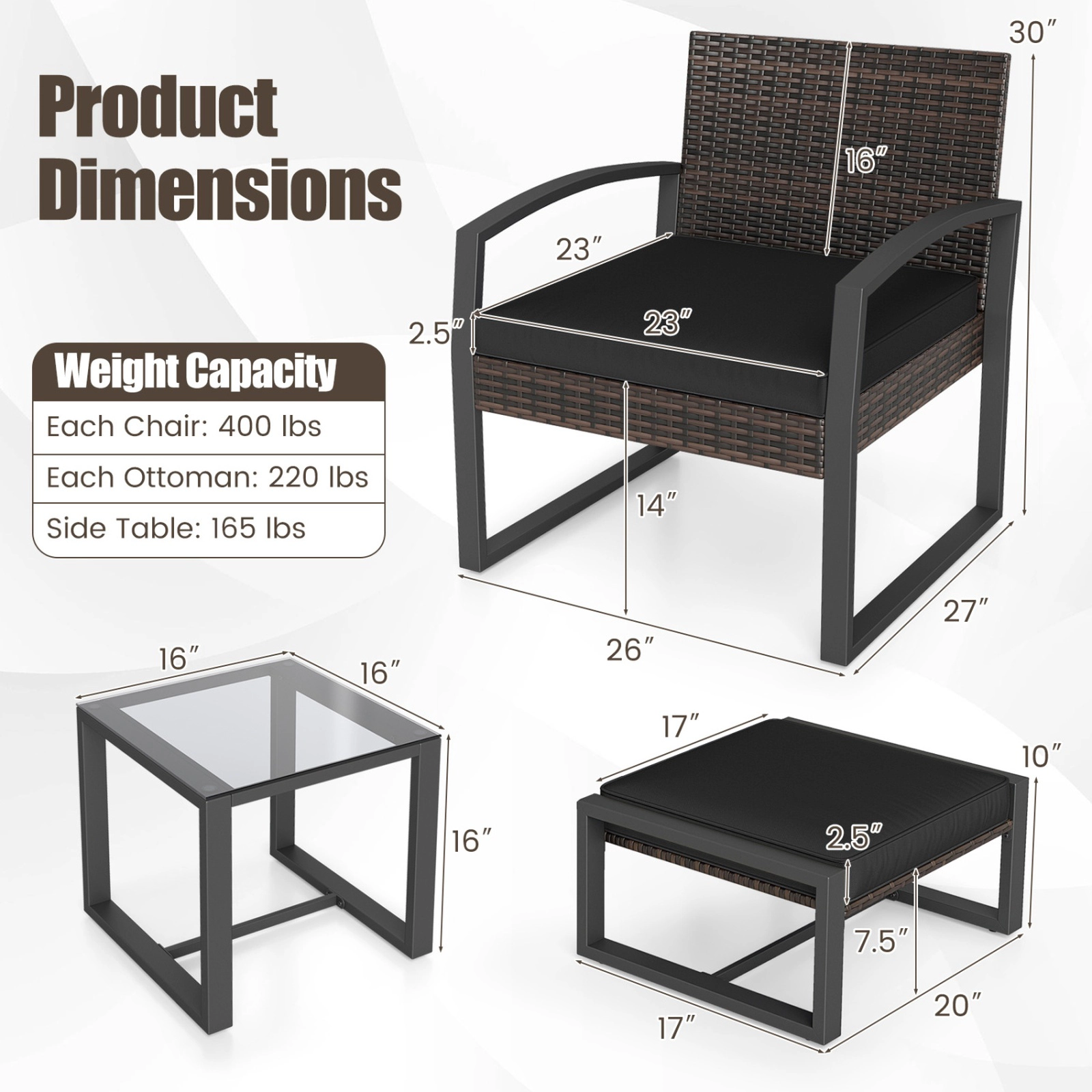 SUGIFT 5-Piece Black Rattan Patio Conversation Set with 2 Cushioned Chairs, 2 Ottomans and Glass Side Table