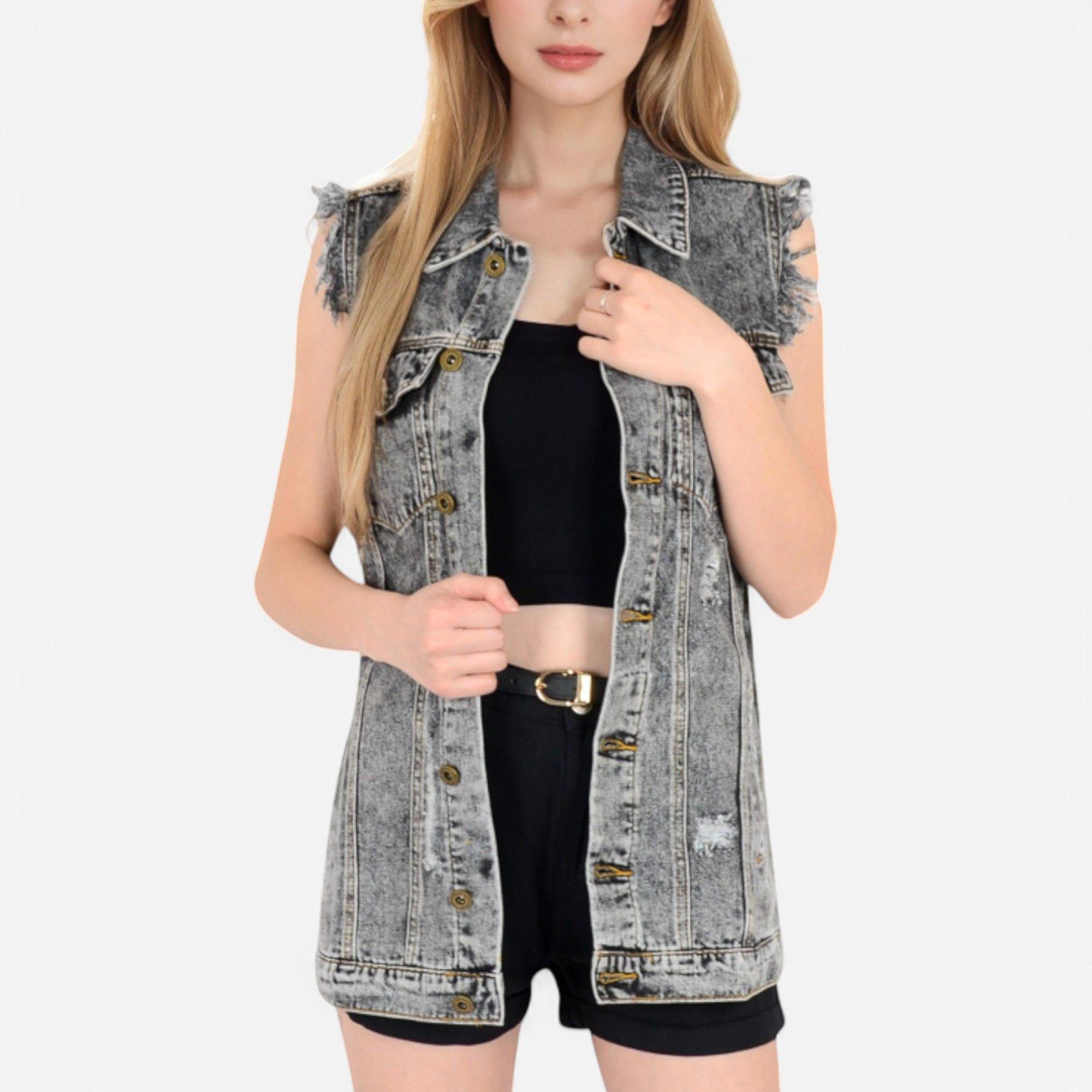 Anna-Kaci Women's Oversize Distressed Sleeveless Denim Vest