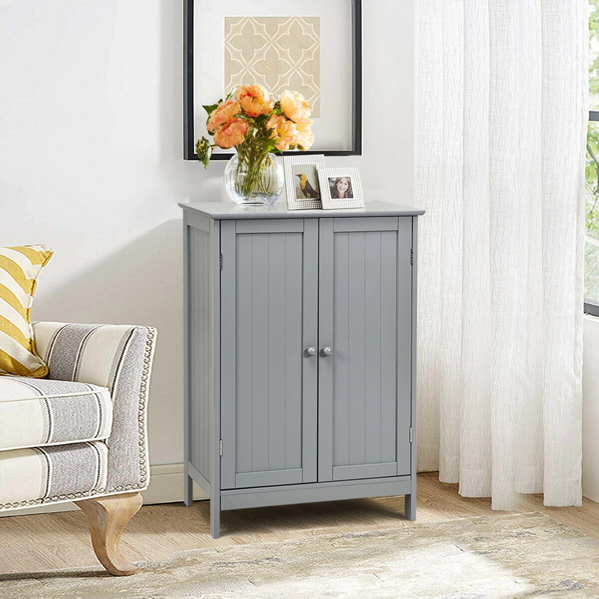 SUGIFT Bathroom Floor Storage Double Door MDF Cupboard Cabinet 176-lb Top Capacity Gray