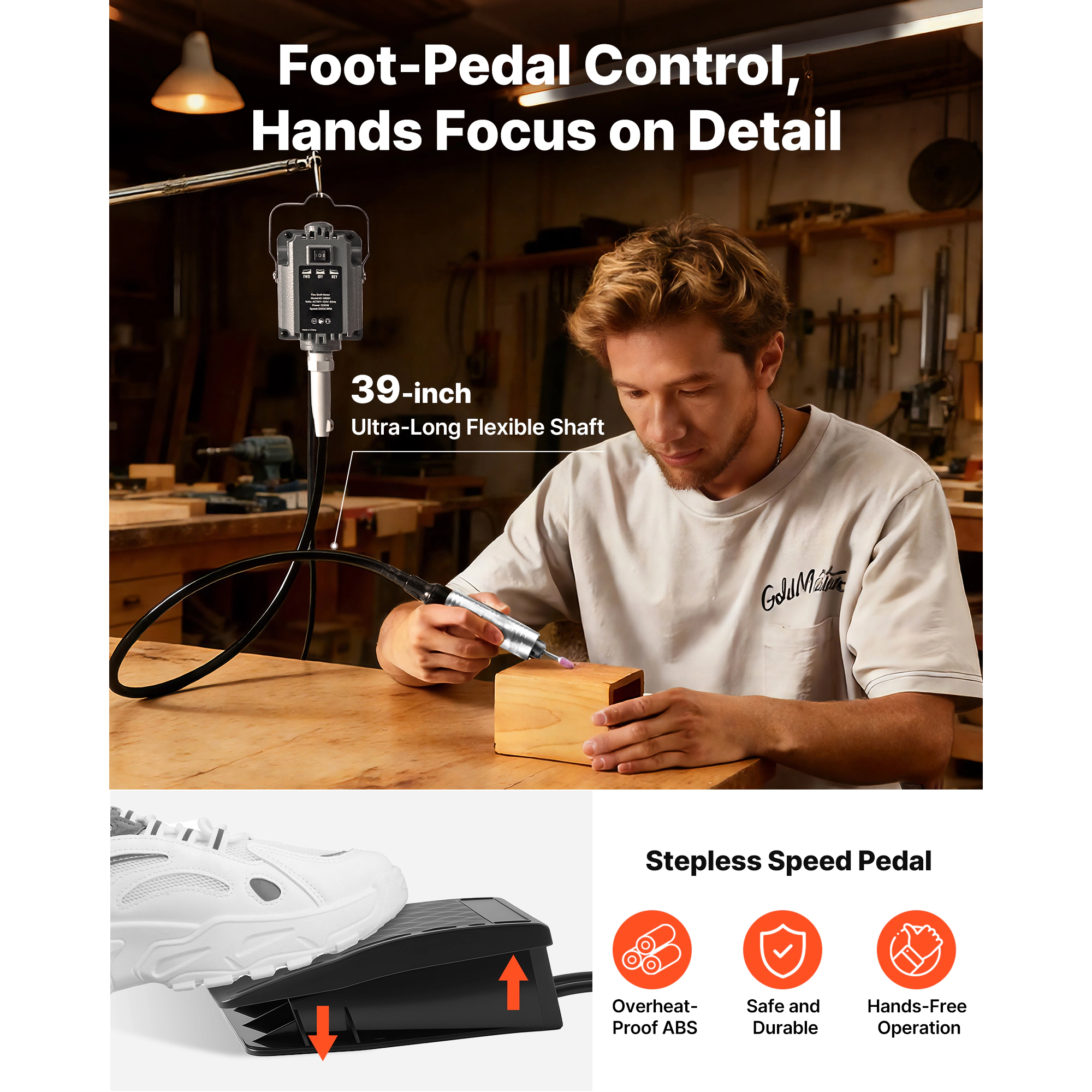 HONGGE Flex Shaft Grinder Electric Rotary Tool Foot-Pedal Control Hanging Carver with Accessory Kit