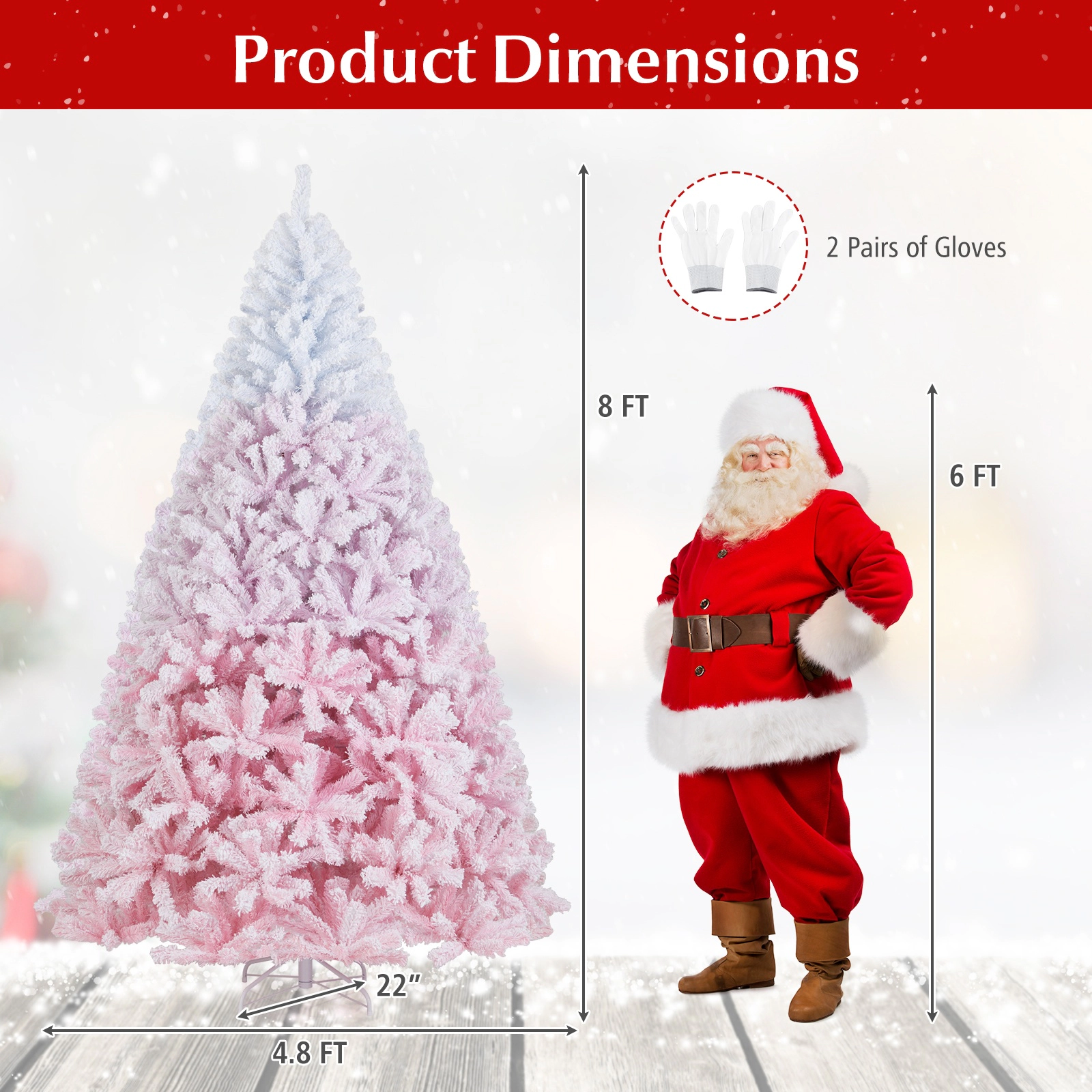 SUGIFT 8 ft White and Pink Flocked Christmas Tree with 1774 Branch Tips and Folding Metal Stand