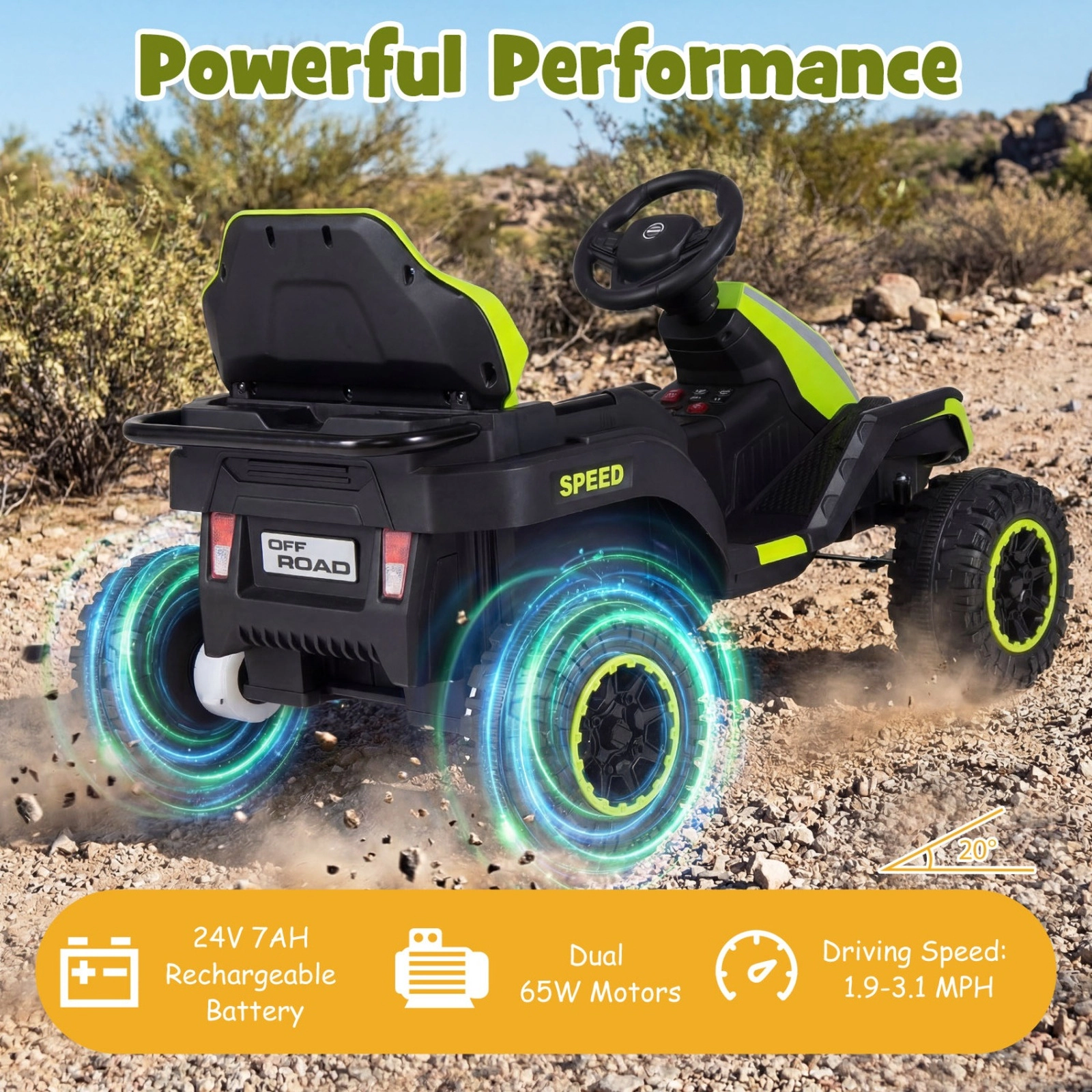 SUGIFT 24V Green Kids Ride-On Tractor with Detachable Trailer Remote Control Music and LED Lights 60-in W