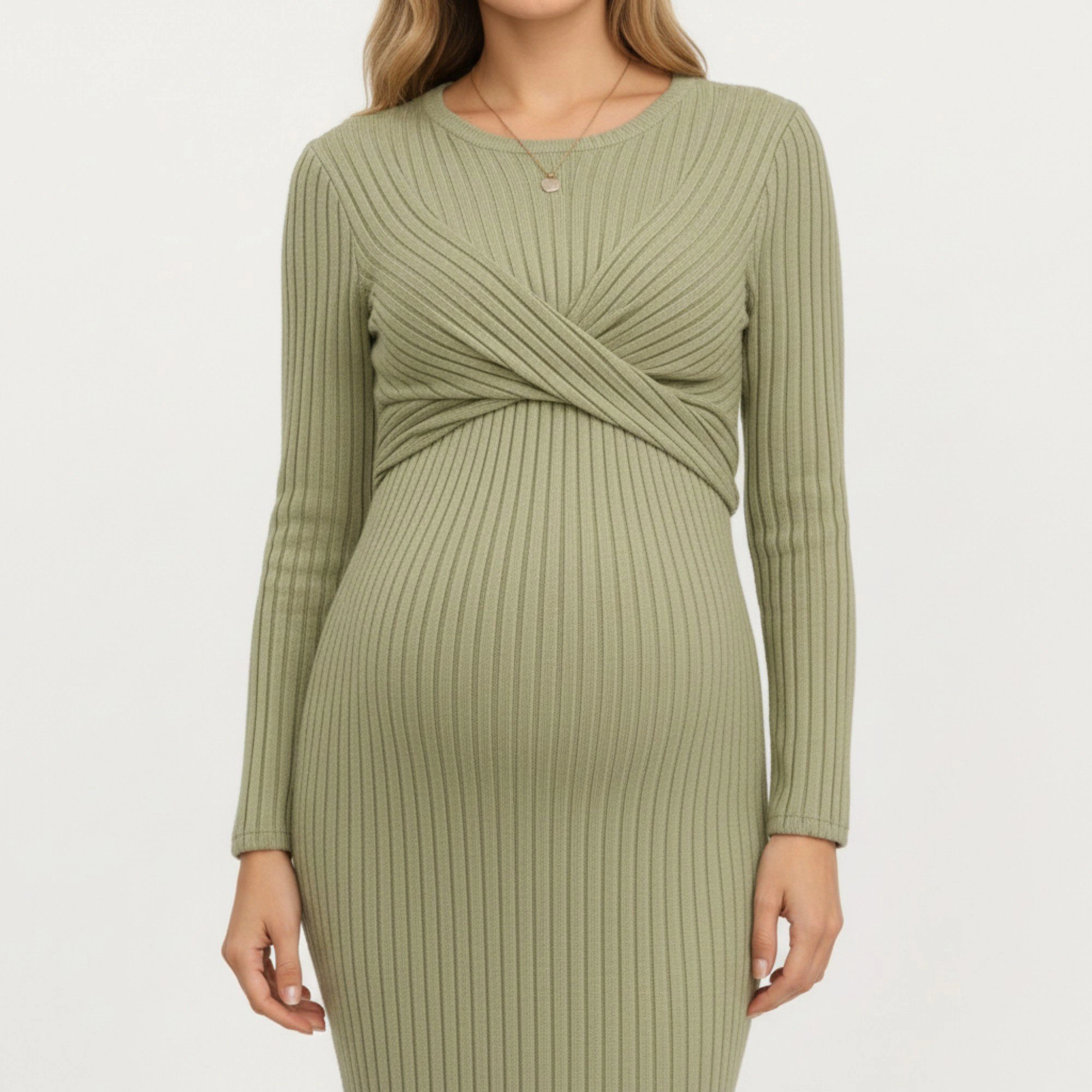 Anna-Kaci Women's Ribbed Knit Long Sleeve Maternity Twist Front Bodycon Midi Dress