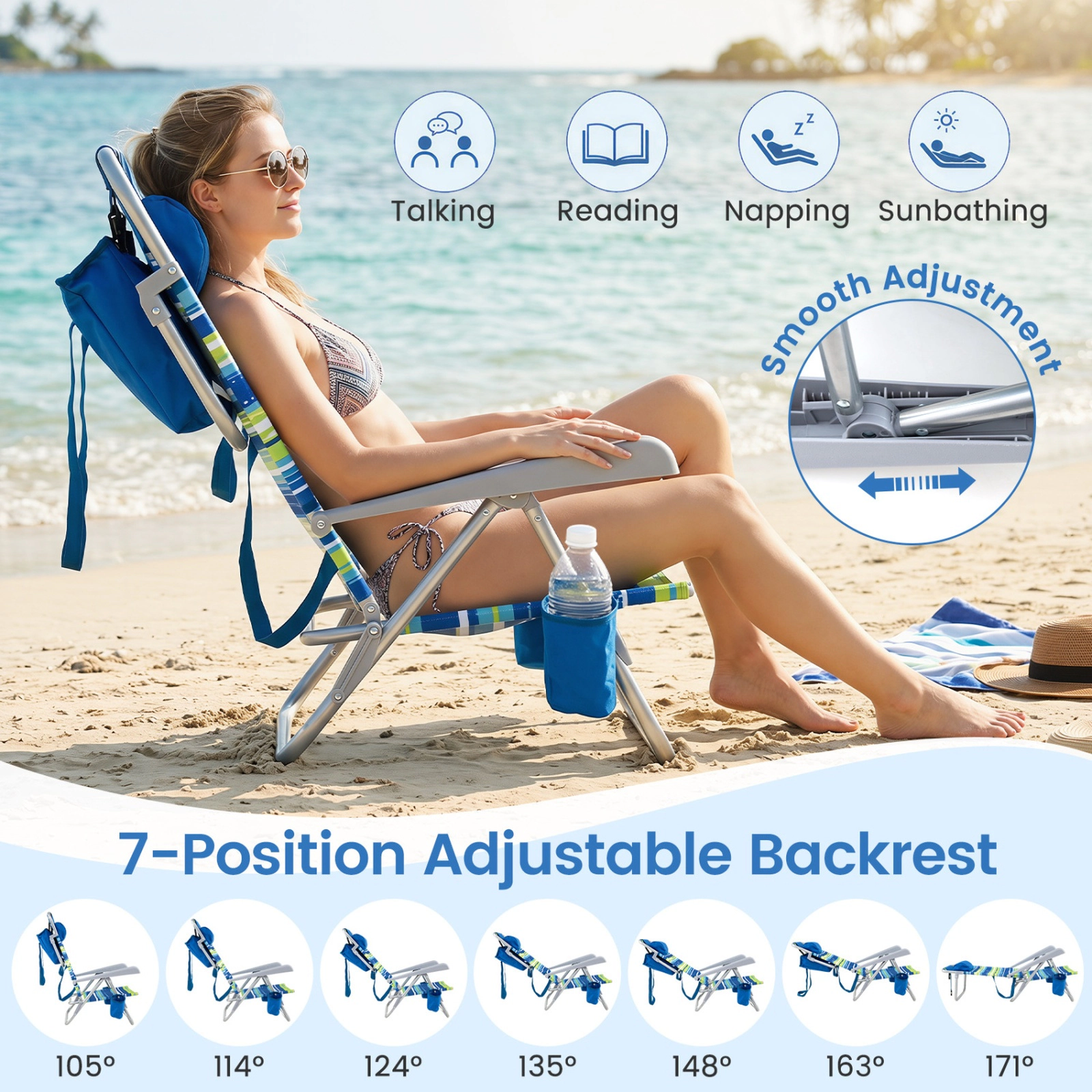 SUGIFT Blue 7-Position Backrest and Cooler Bag 2-Pack Portable Folding Beach Chair