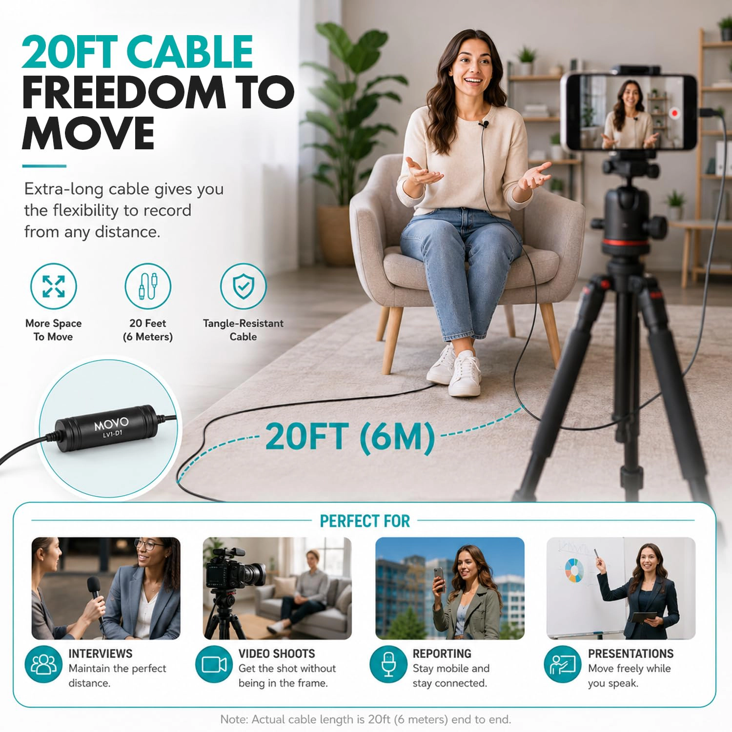 Movo LV1-DI Lavalier Microphone for iPhone and iPad – MFi Certified Lightning Clip-On Mic – 20ft Cable