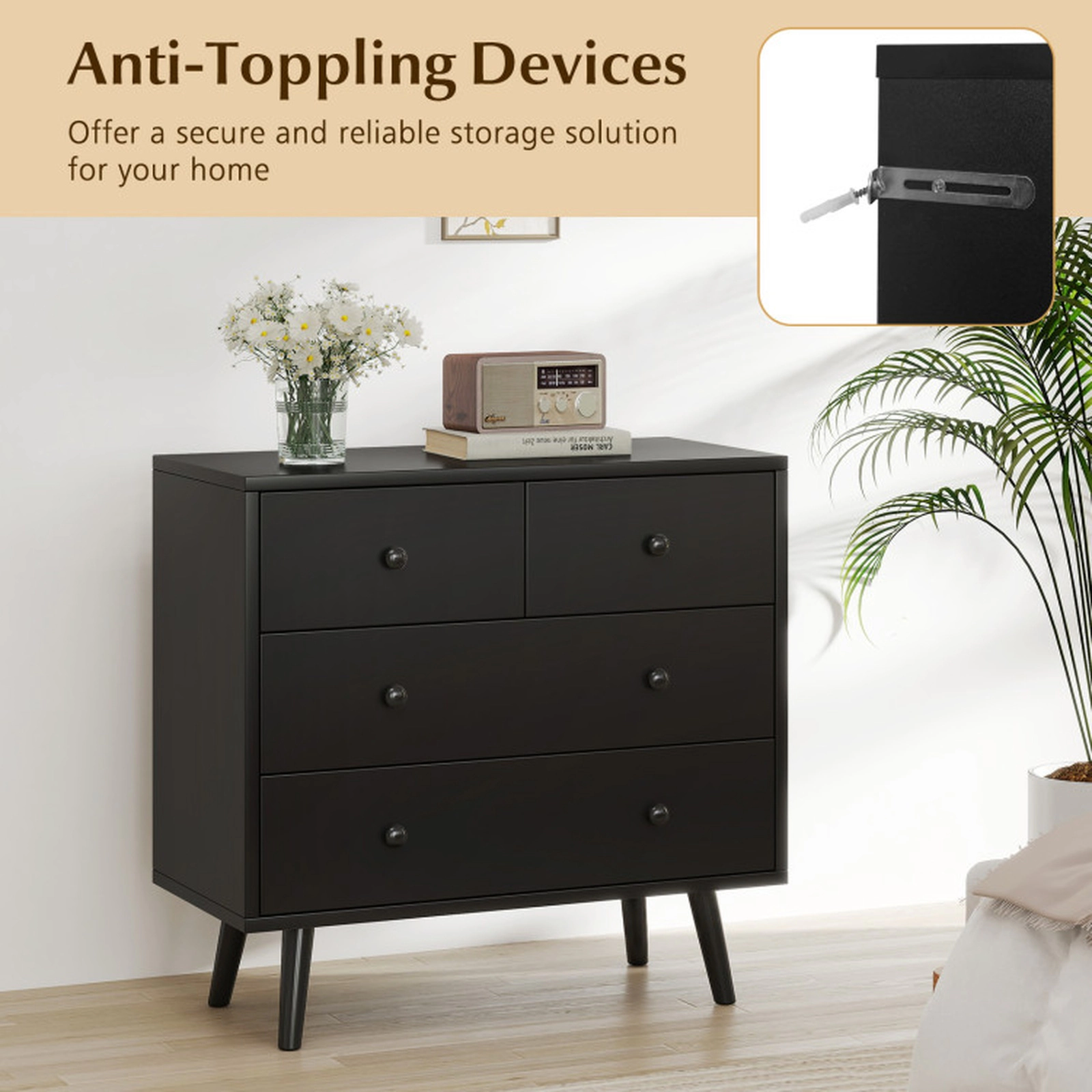SUGIFT Black Tapered Legs for Bedroom and Living Room 4-Drawer Wide Wooden Dresser