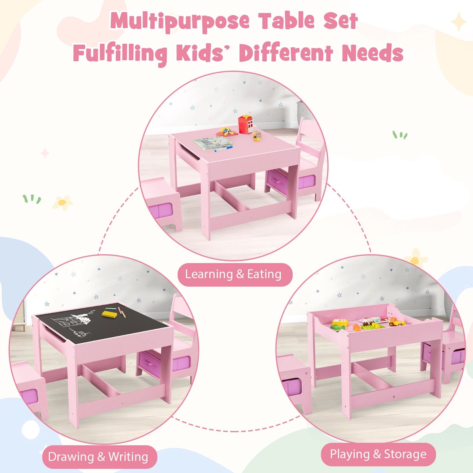 SUGIFT 2-in-1 Kids Table & Chair Set with Blackboard & Whiteboard 50-lb Table 100-lb Chairs Ages 3-7 Pink/White/Natural