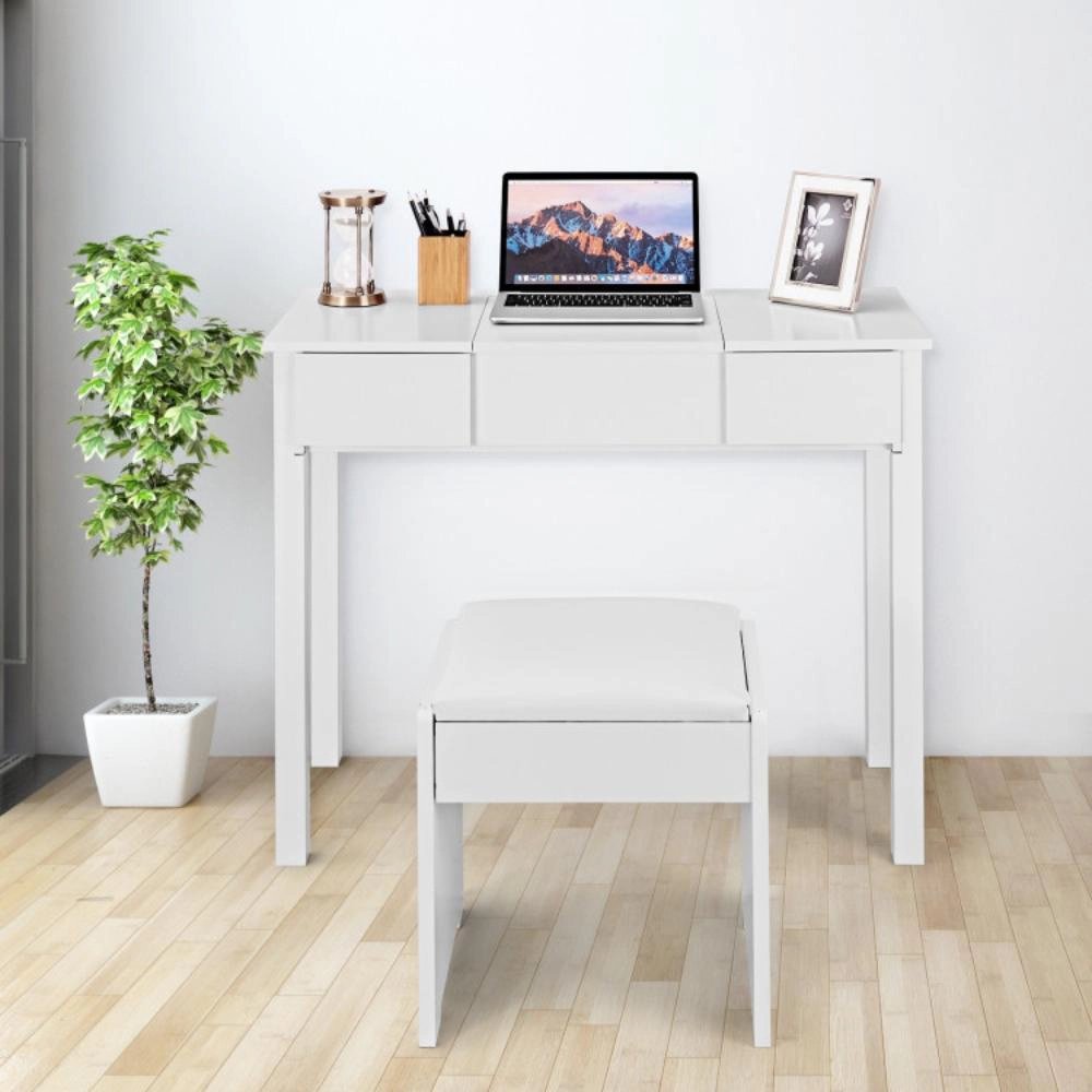 Hivvago Vanity Makeup Dressing Table Set With Flip Top Mirror And Cushioned Stool-White