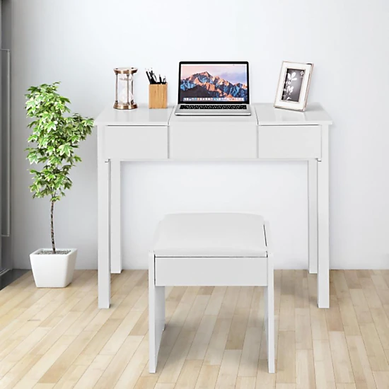 Hivvago Vanity Makeup Dressing Table Set With Flip Top Mirror And Cushioned Stool-White