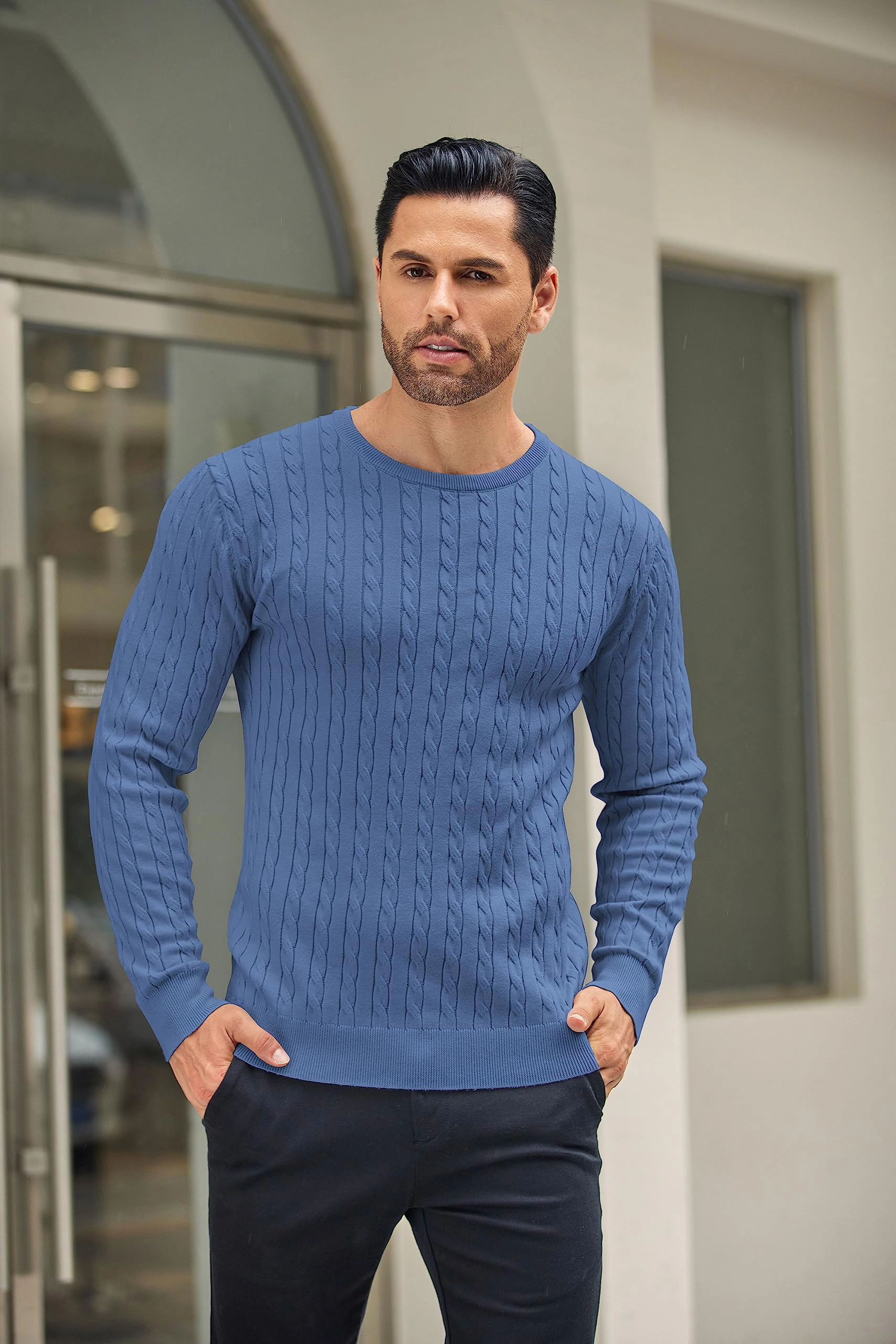 COOFANDY Mens Classic Long Sleeve Sweater Fall Crew Neck Cable Knit Casual Pullover