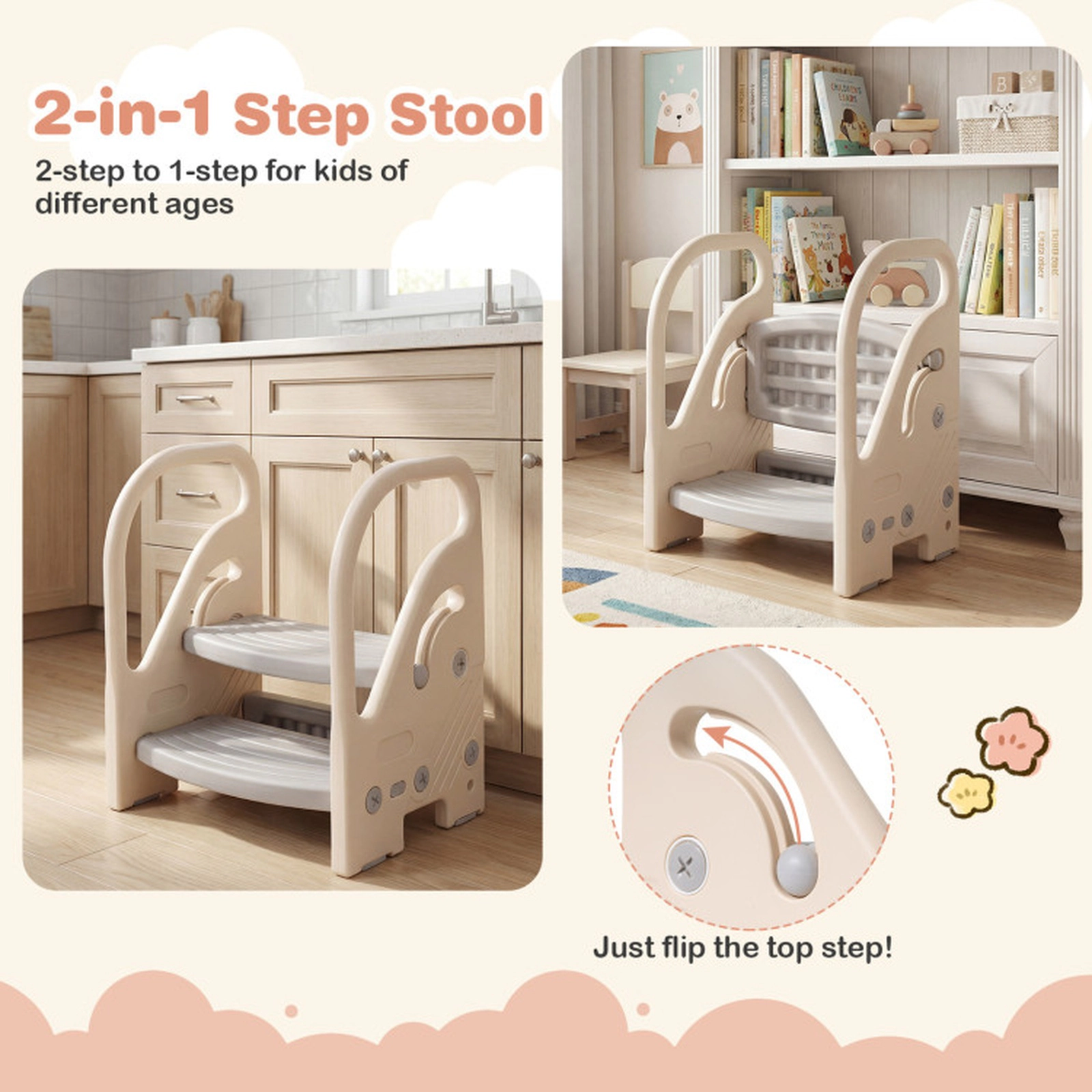 SUGIFT Adjustable 2-Step Kids Step Stool with Safety Handles and Non-Slip Pads for Bathroom and Bedroom