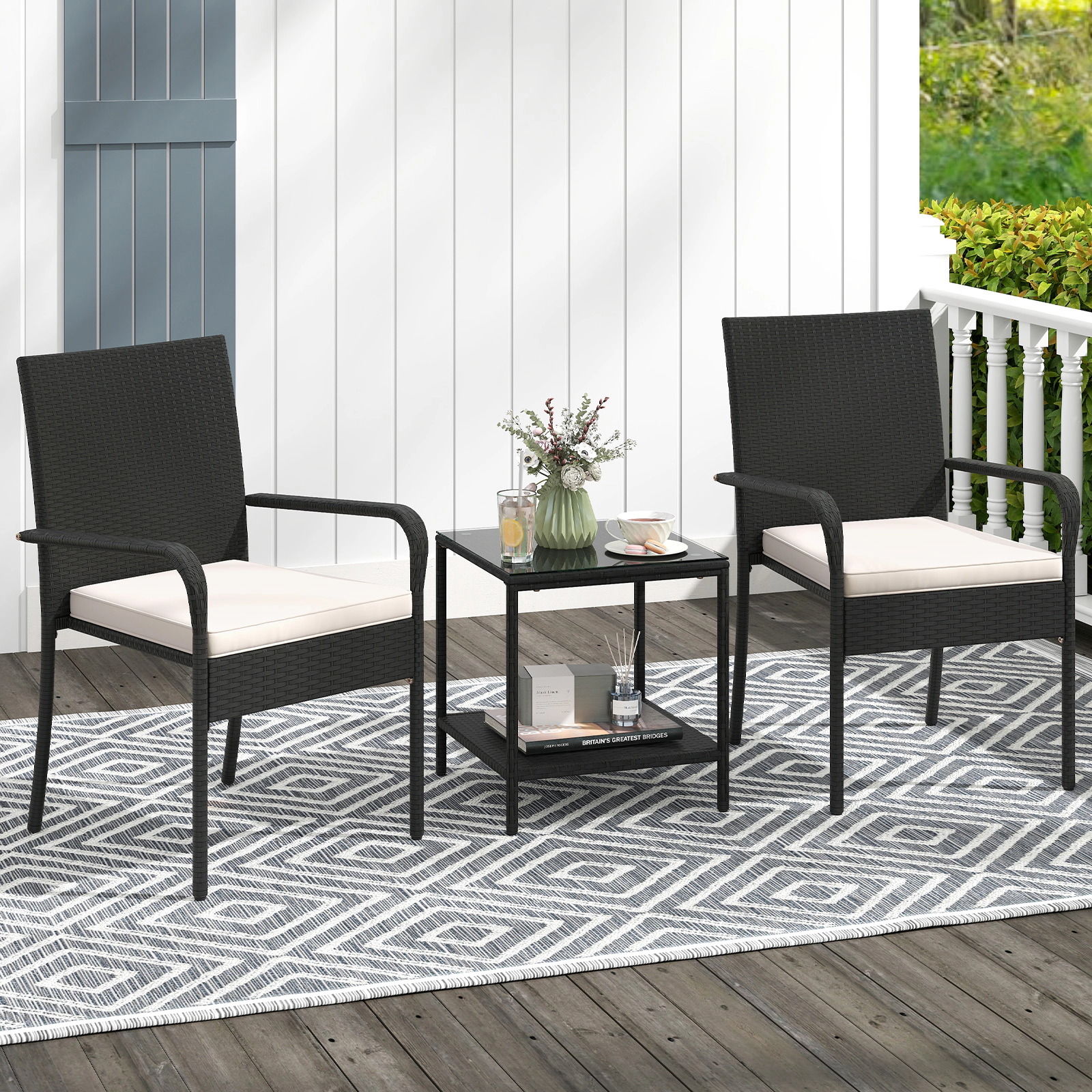 SUGIFT Patio Conversation Set with Cushions & Tempered Glass Side Table 400-lb Chairs Black Rattan Beige/Black/Off White