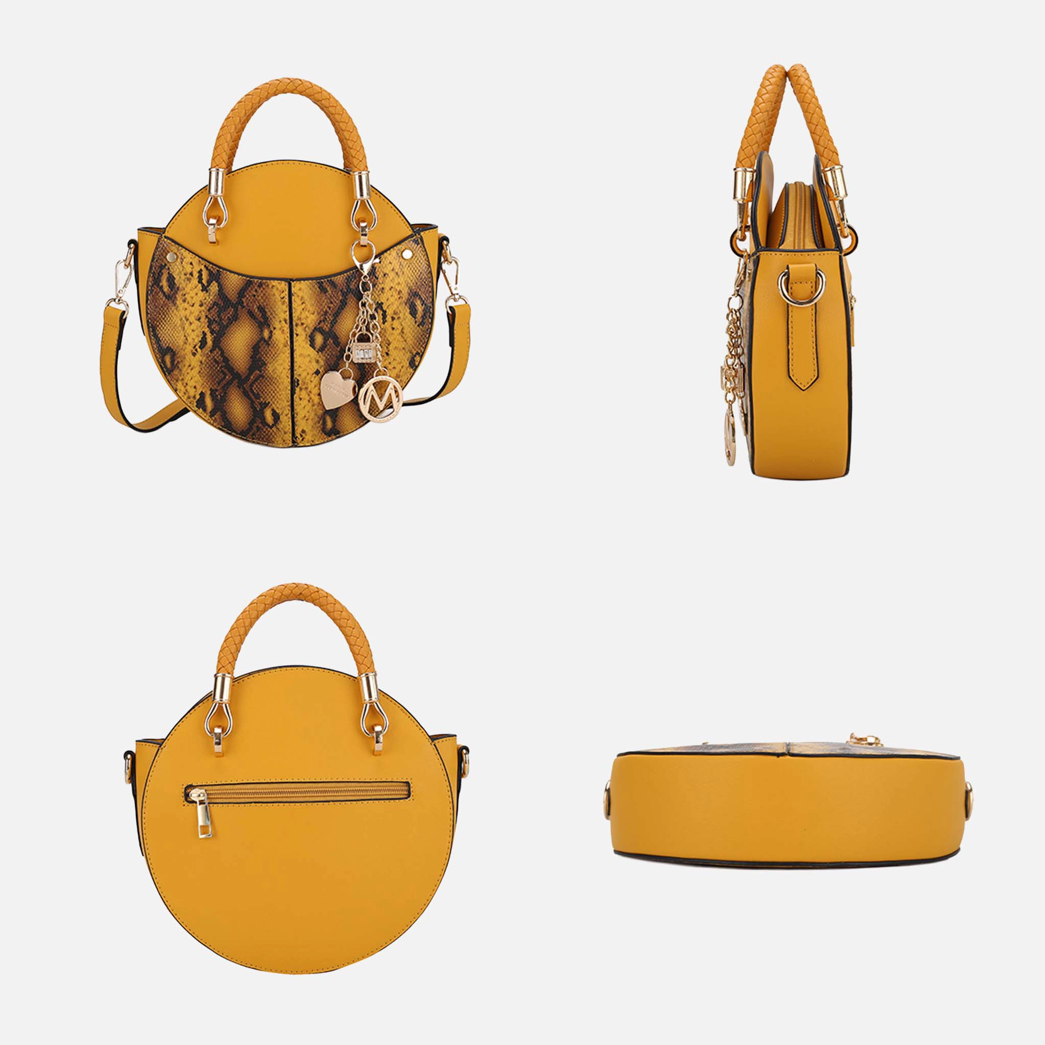 MKF Collection by Mia K Camille Round Crossbody Bag - Snake Embossed Vegan Leather, Mustard