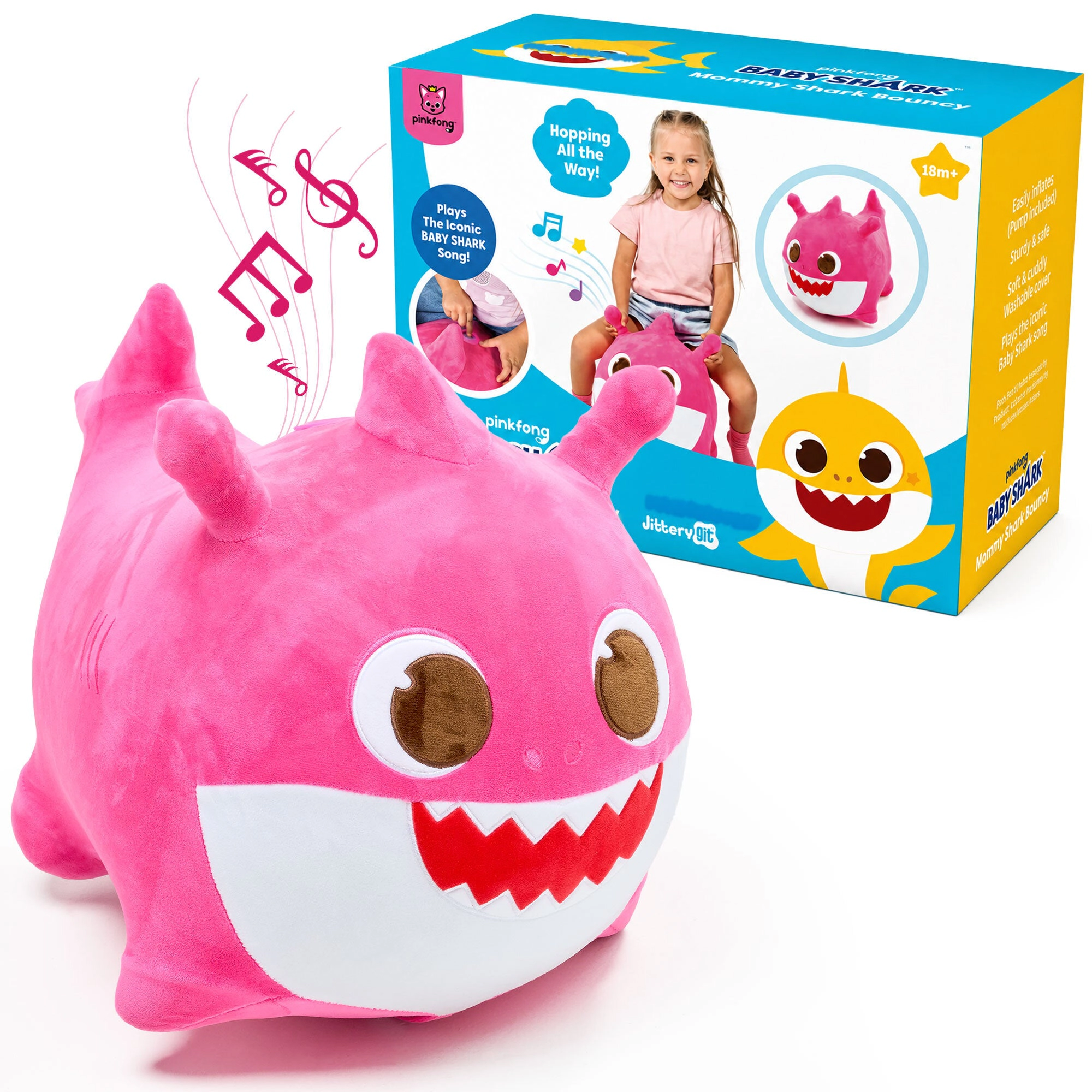 Pinkfong Kids Mommy Shark Musical Bouncy Ride-On Toy - Soft Plush Hopper with Iconic Song