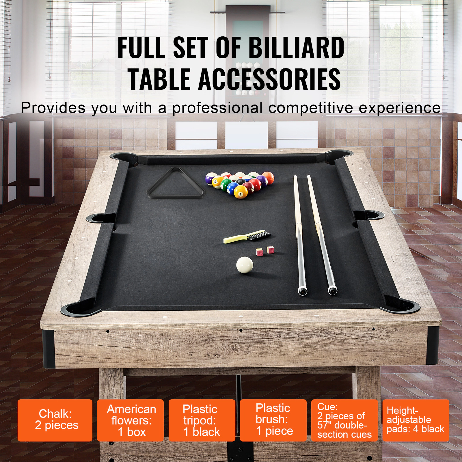 HONGGE 7 FT Pool Table with Adjustable Legs, Balls, Cues & Chalk Set Included, Wood Color Billiards Table