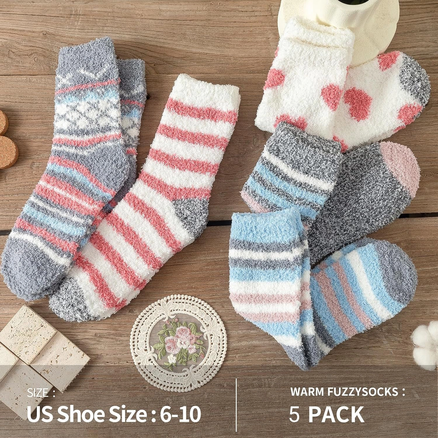 5 Pairs Women's Fuzzy Slipper Socks Soft Warm Plush Fleece Cabin Sleep Socks