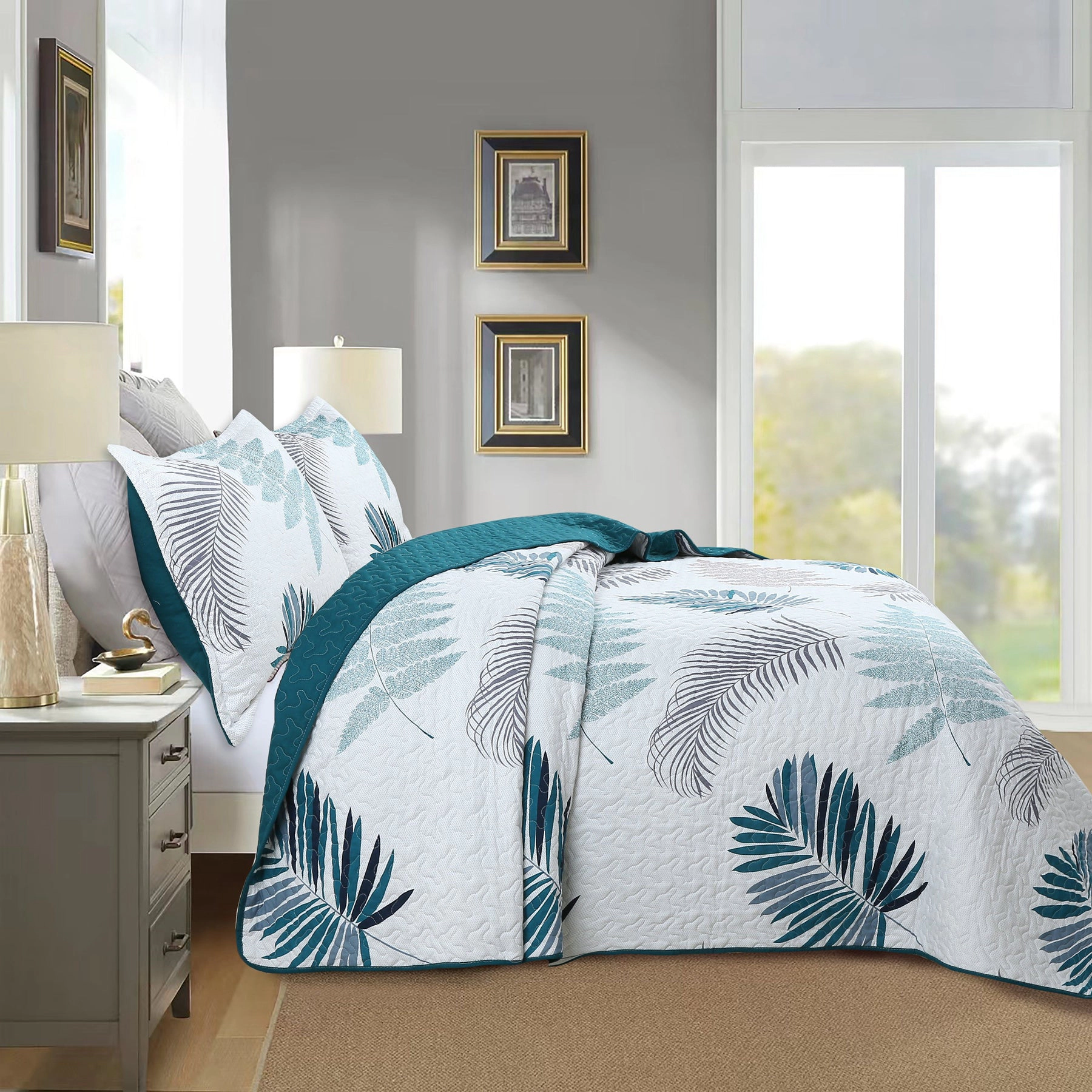 MarCielo 3 Piece Printed Leaf Quilt Set Lightweight Bedspread Set